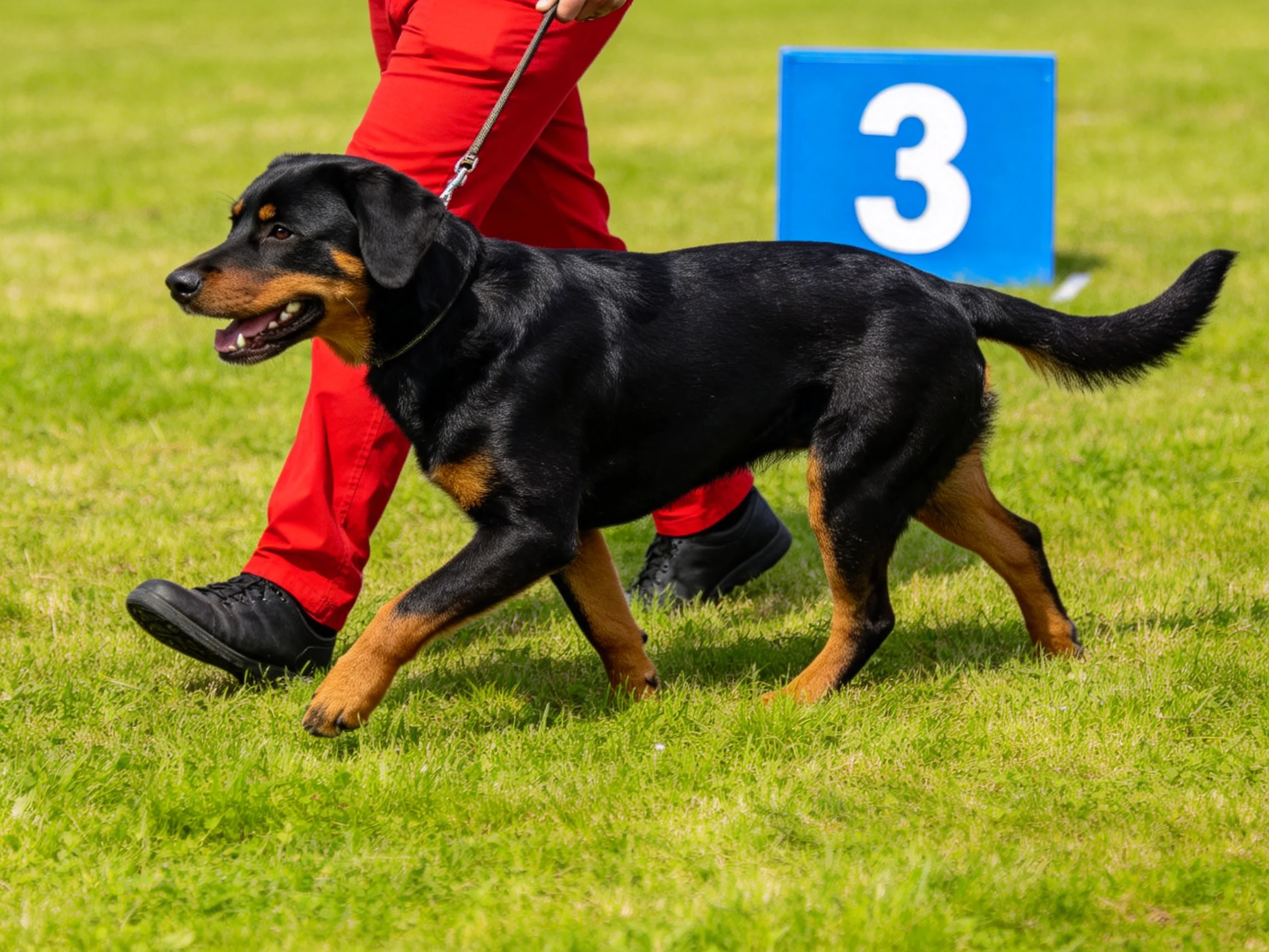 A black and tan dog is walked by a handler in red pants near a blue numbered sign.