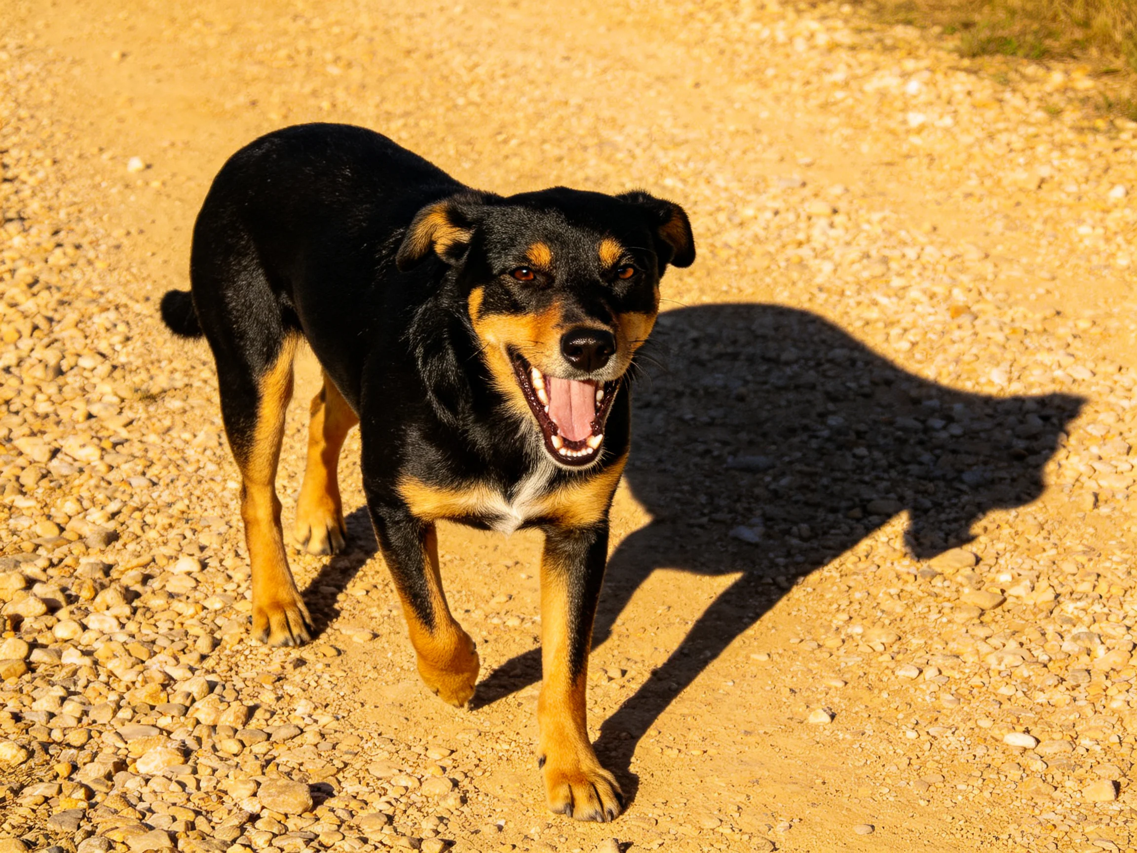 A black and tan dog walks on a sun-drenched gravel path