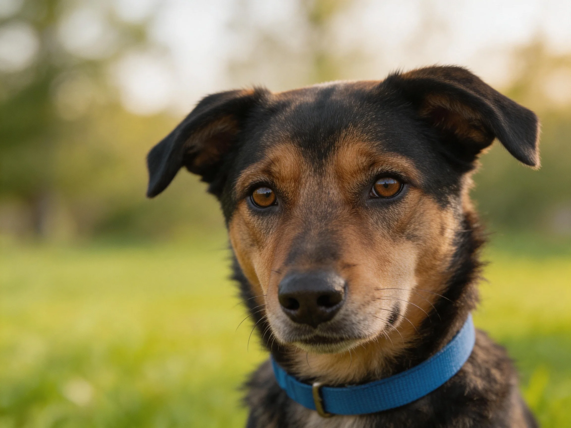 A dog with black and tan fur wears a blue collar in a green field.