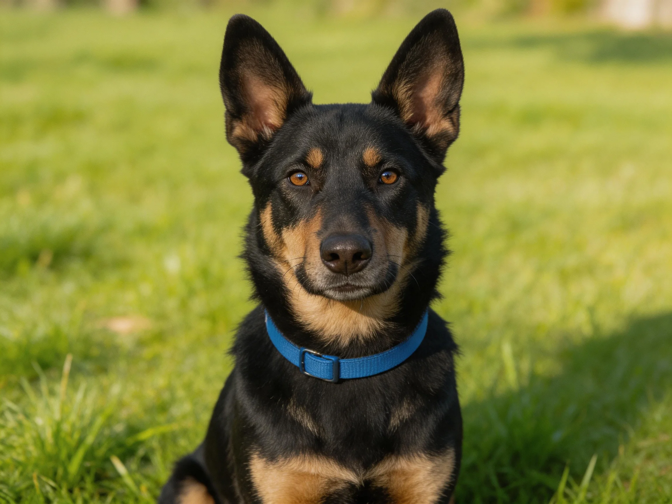 A black and tan dog with a blue collar sits calmly in a grassy area.