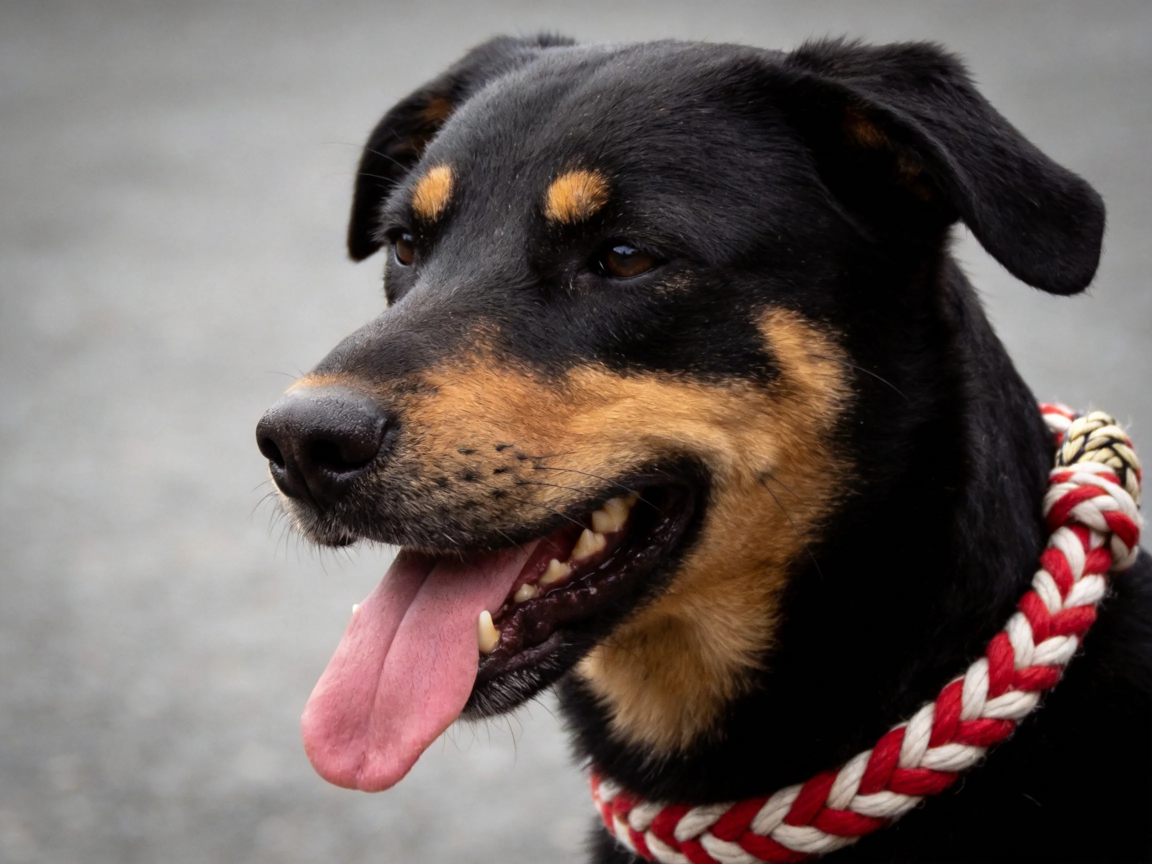 A black and tan dog with a braided collar appears content outdoors.