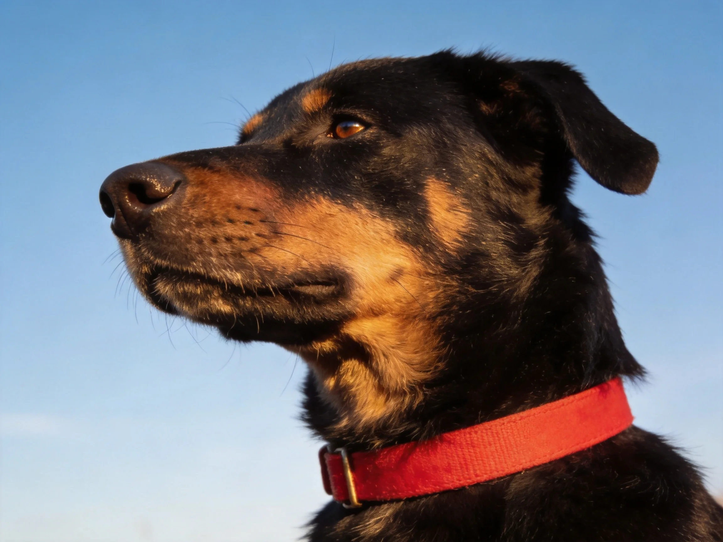 A black and tan dog wearing a red collar looks out over a clear blue sky.