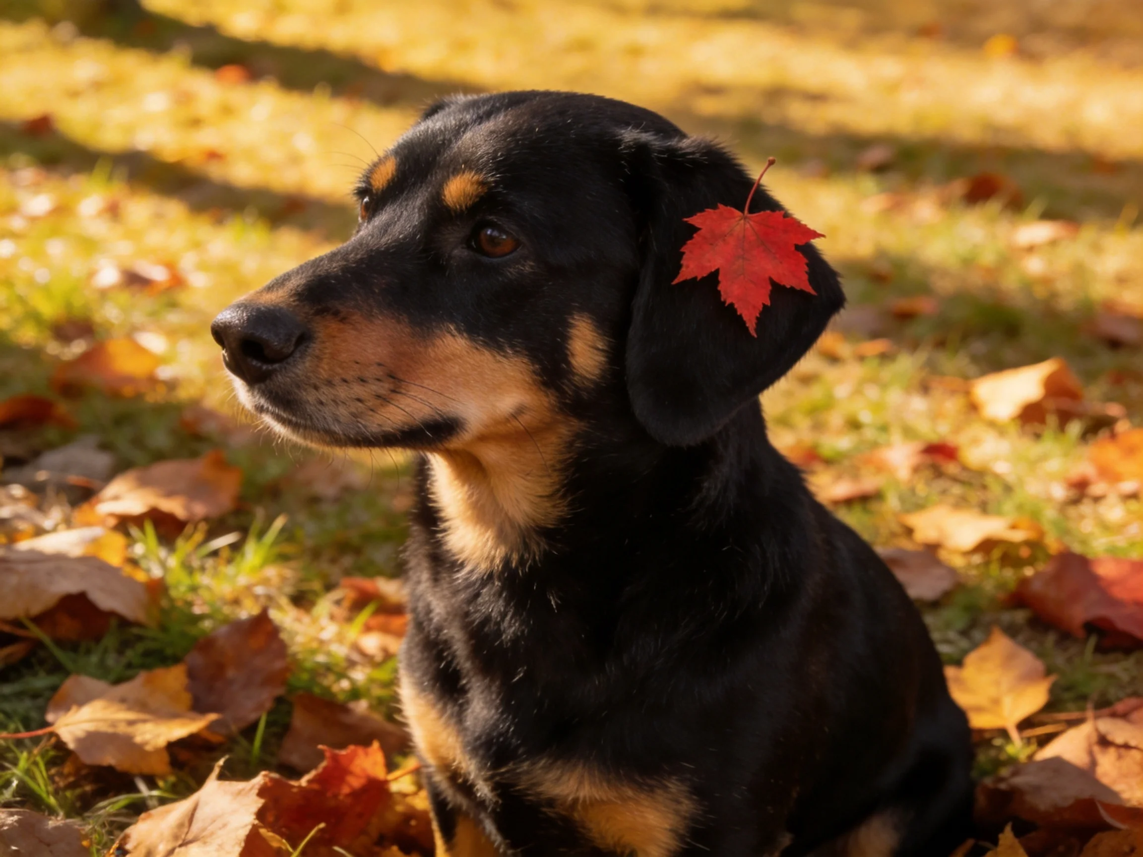 A black and tan dog sits among autumn leaves with a red maple leaf on its ear.