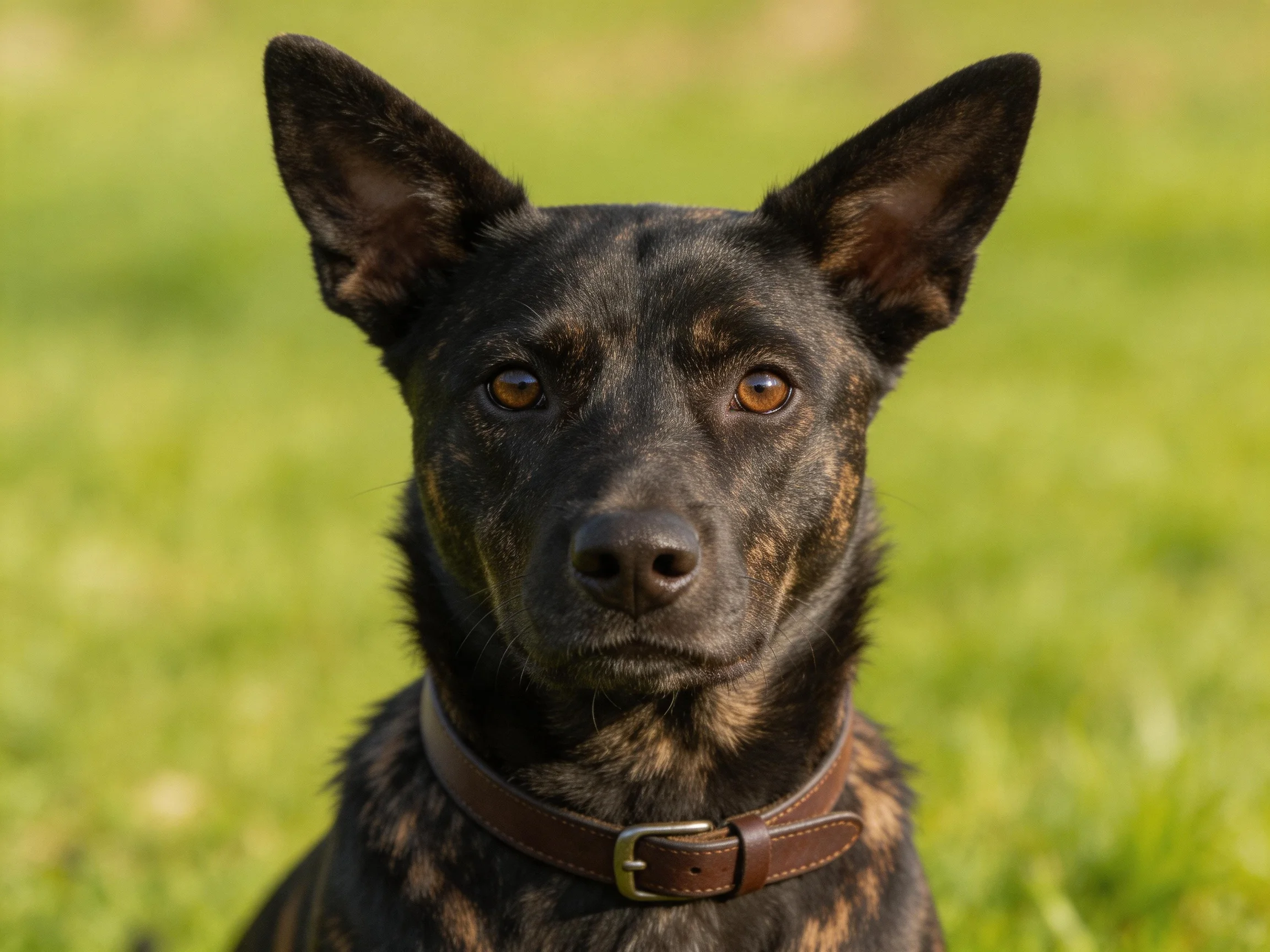 A black and tan dog with a brown collar sits calmly on green grass