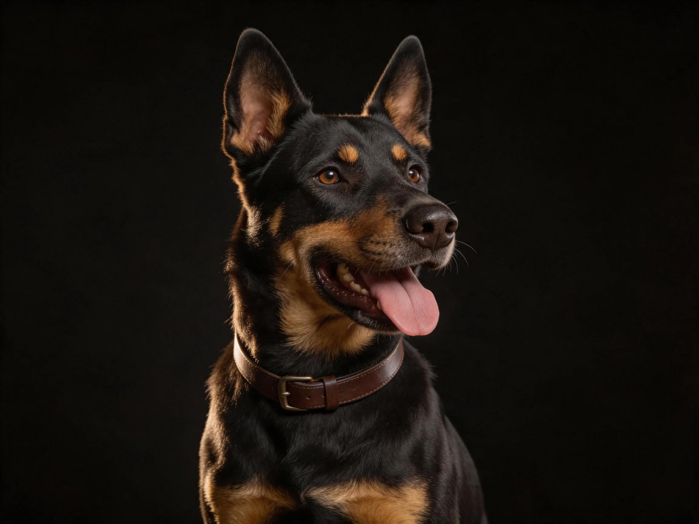 A black and tan dog with a brown collar stands out against a dark background.