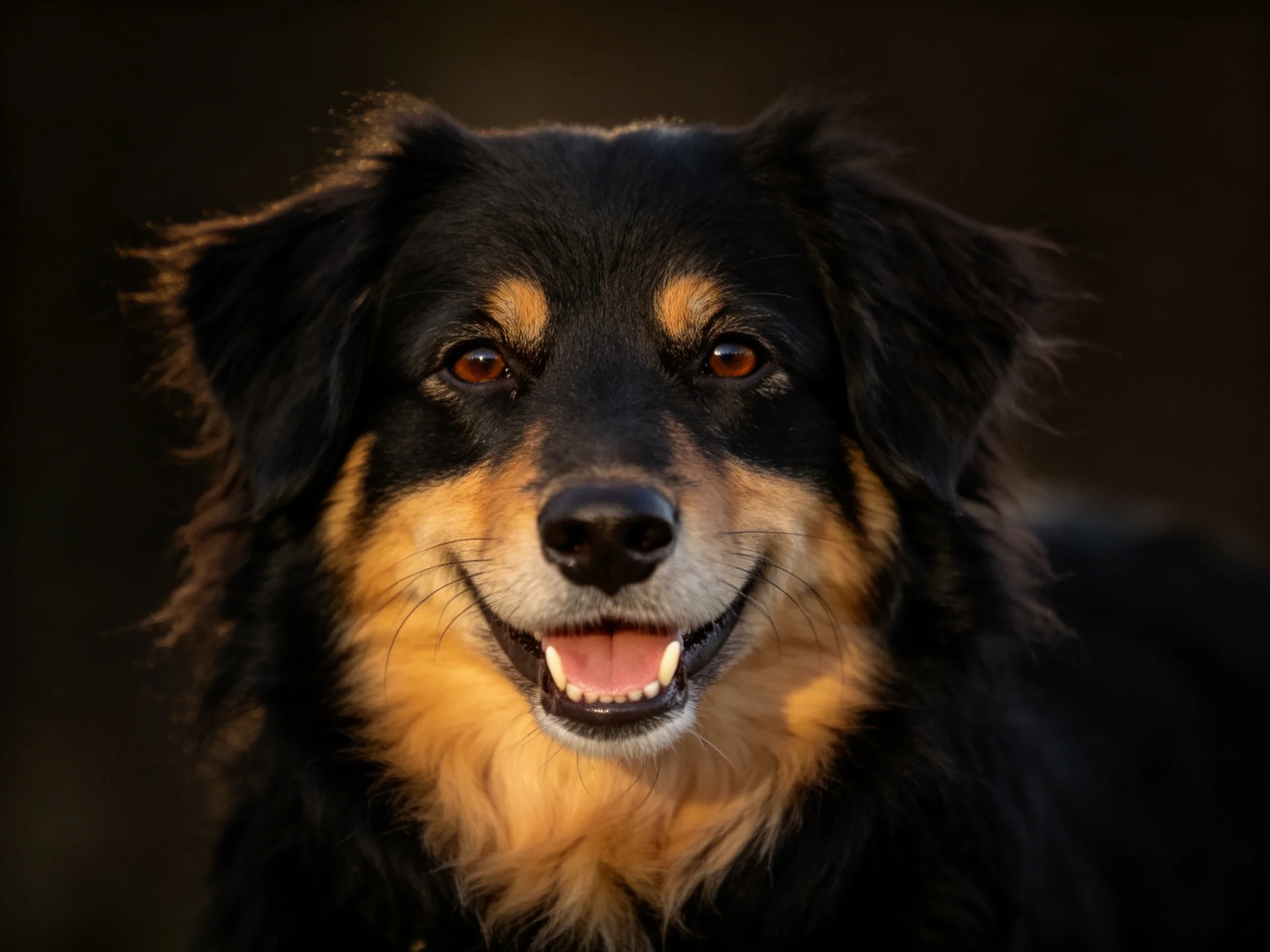 A black and tan dog smiles warmly against a dark background.