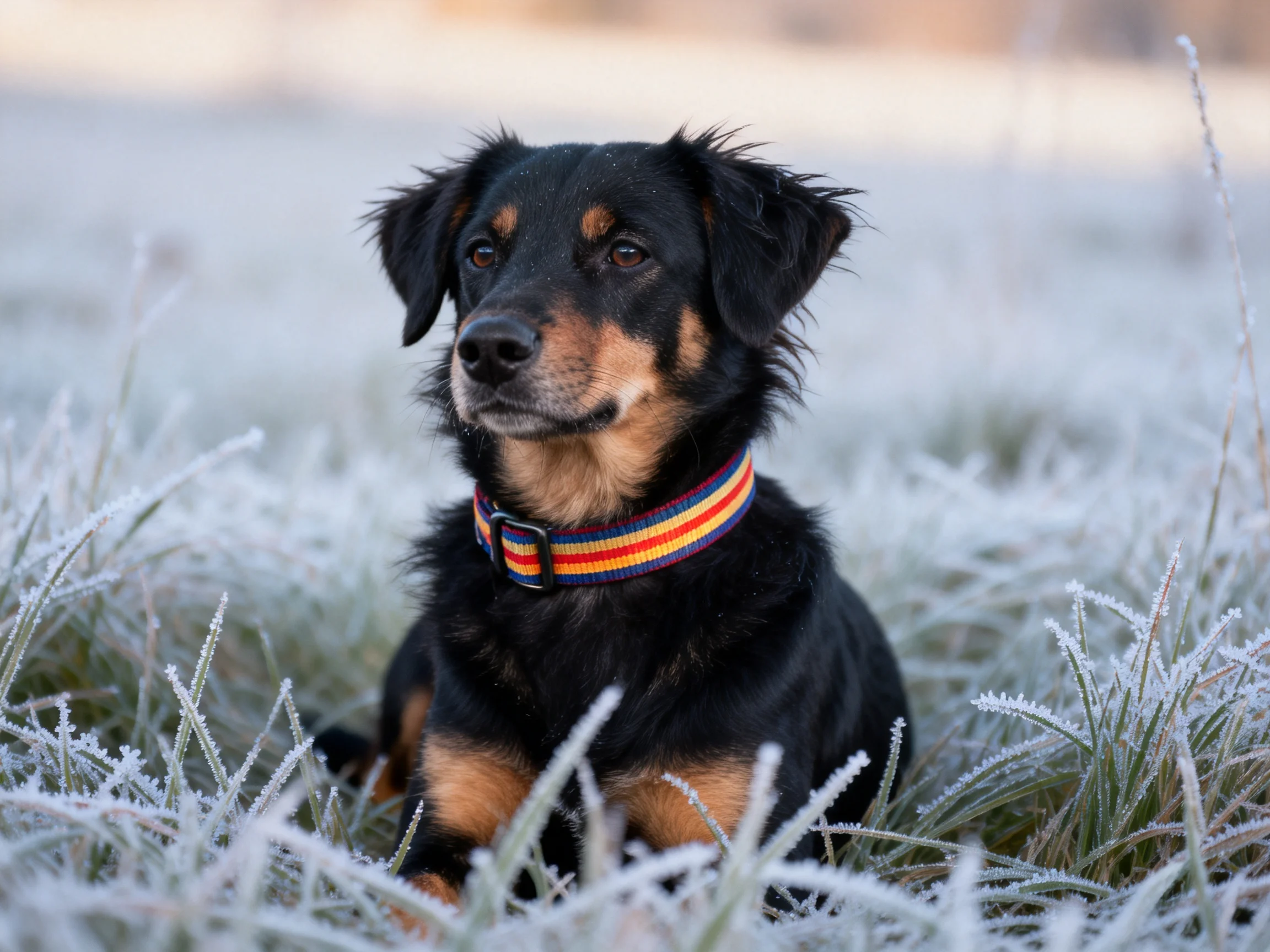 A black and tan dog with a colorful collar rests amid frost-dusted grass.