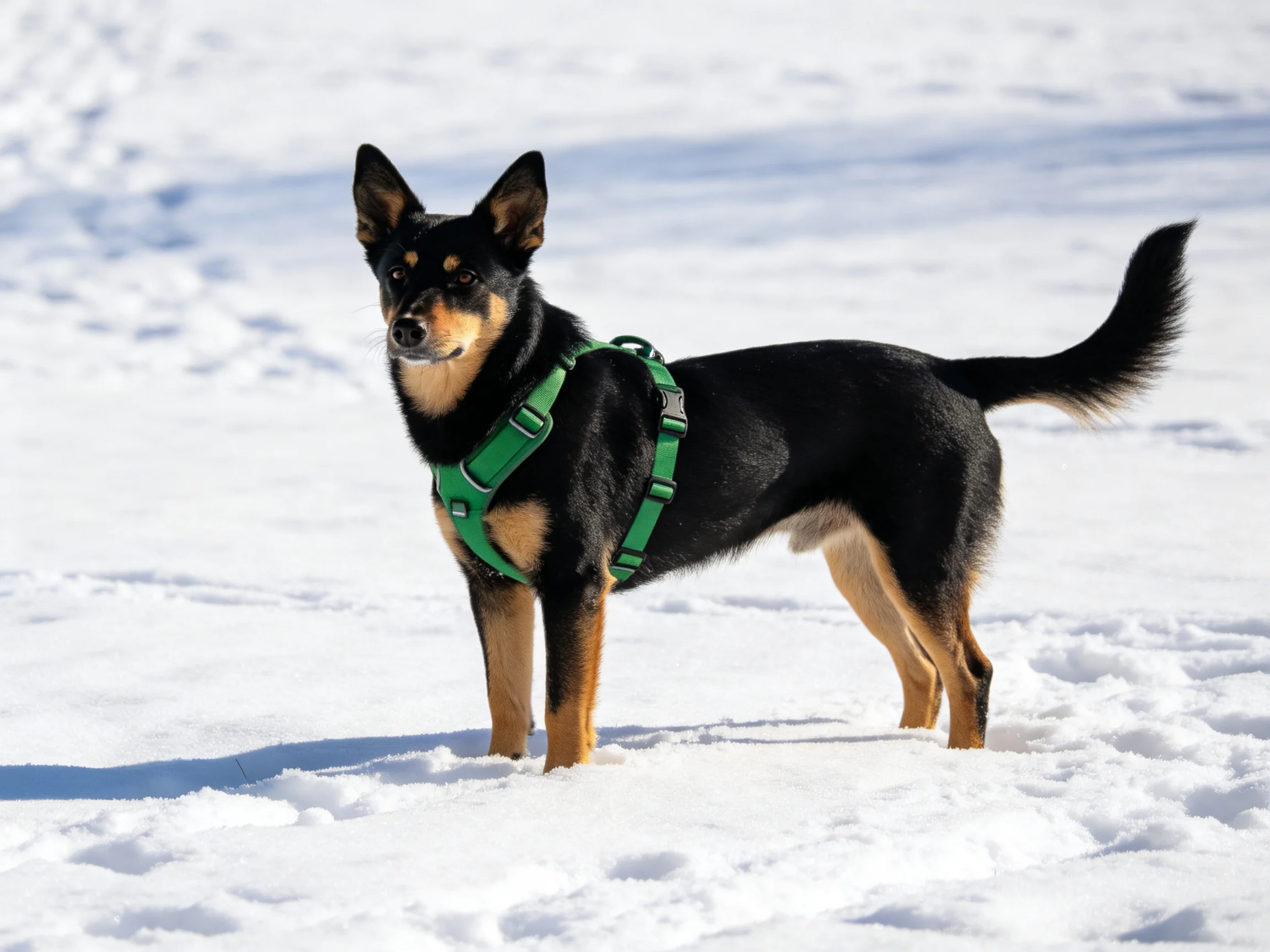 A dog wearing a green harness stands on a snowy landscape.