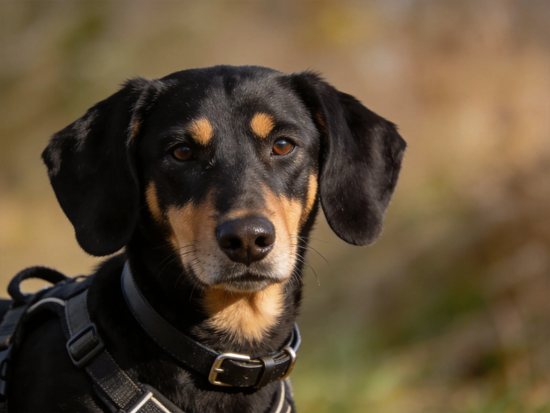 A black and tan dog with a harness in a natural outdoor setting