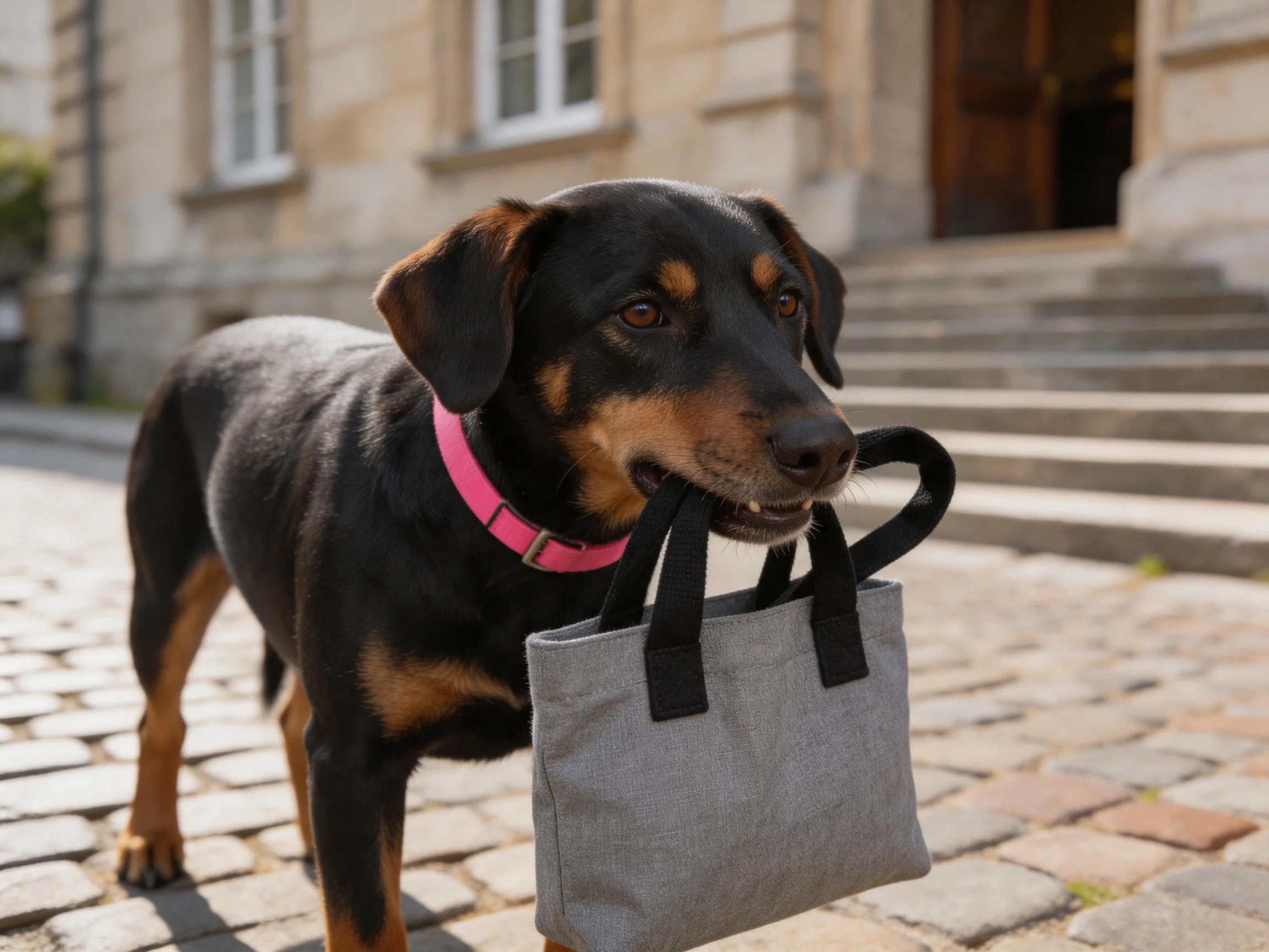A black and tan dog carries a gray tote near stone steps outside a historic building.