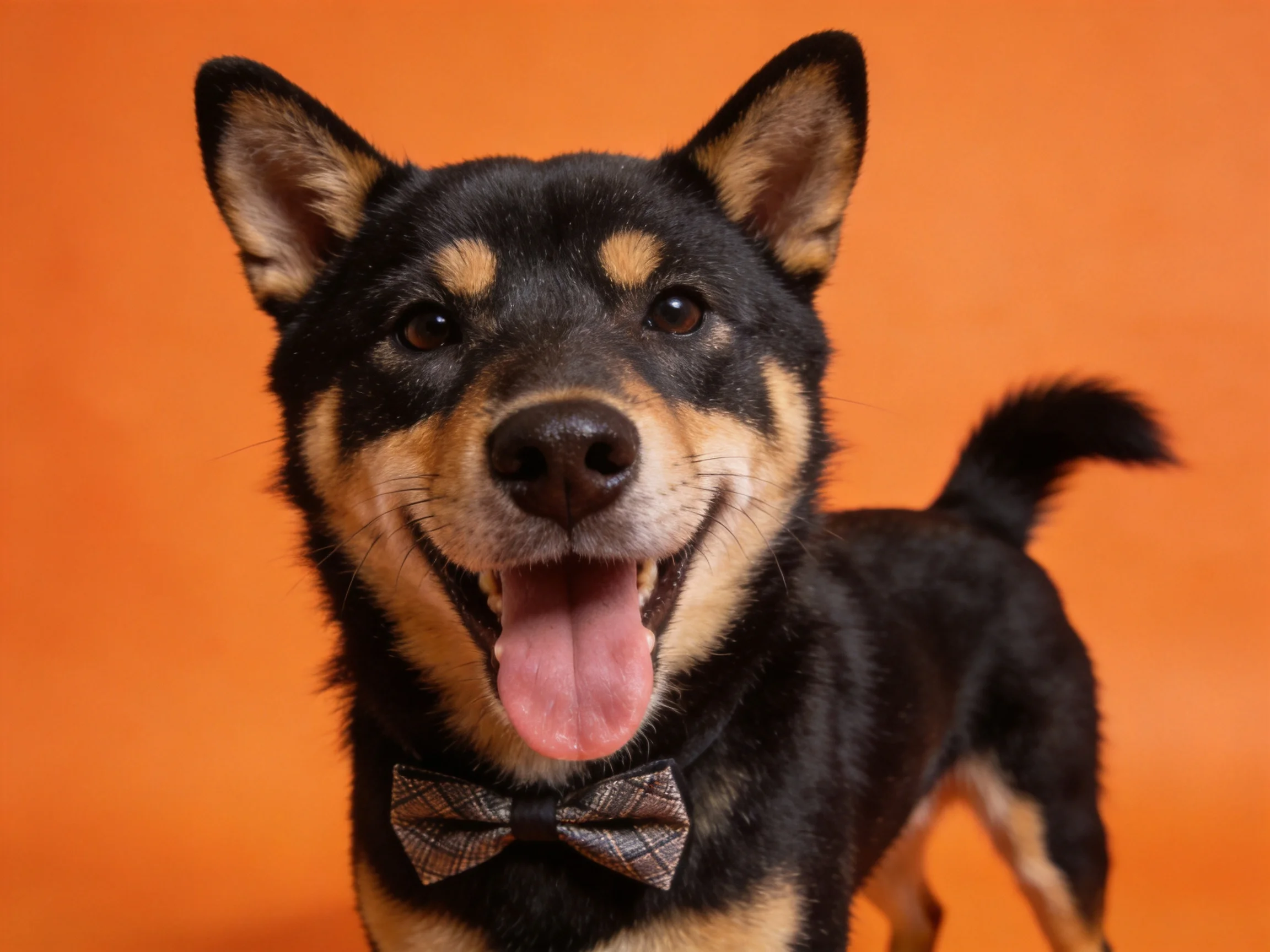 A black and tan dog with a bow tie stands against an orange backdrop.