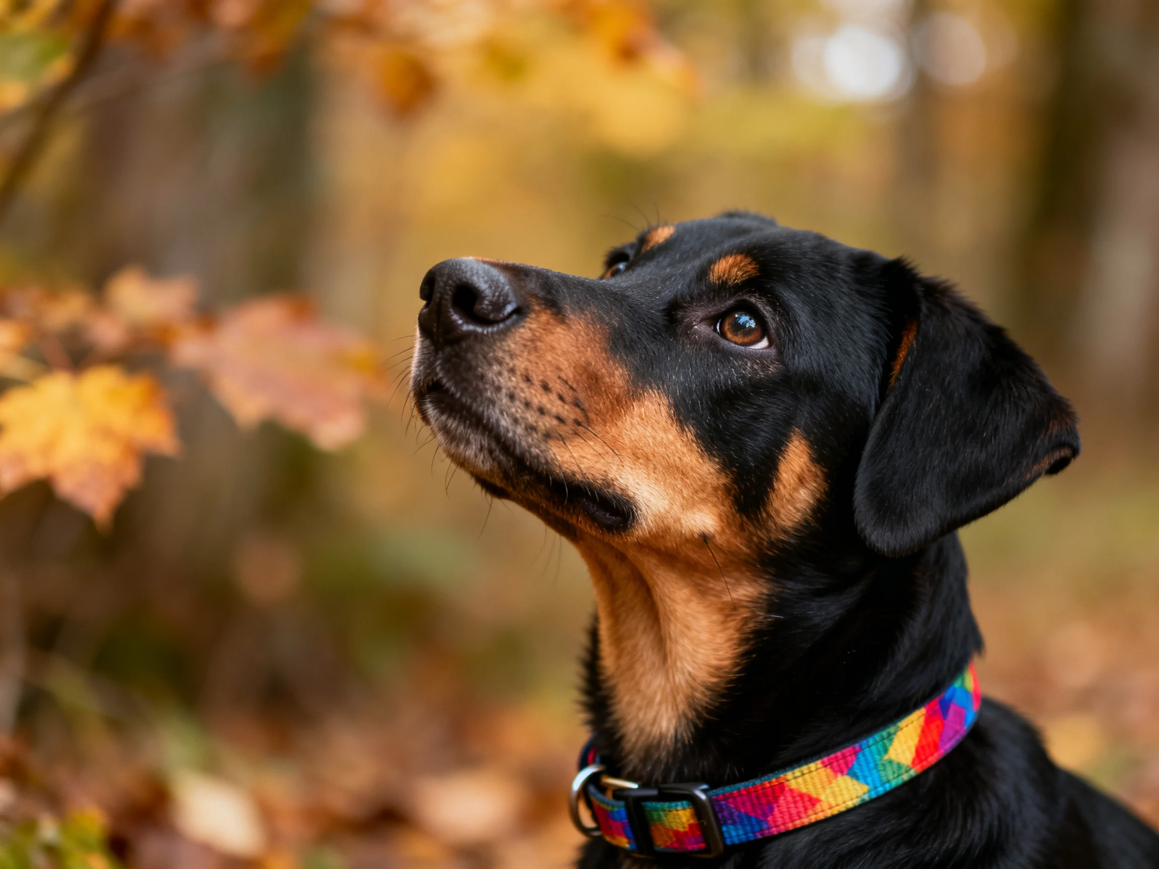 A black and tan dog with a rainbow collar gazes upward amid golden foliage