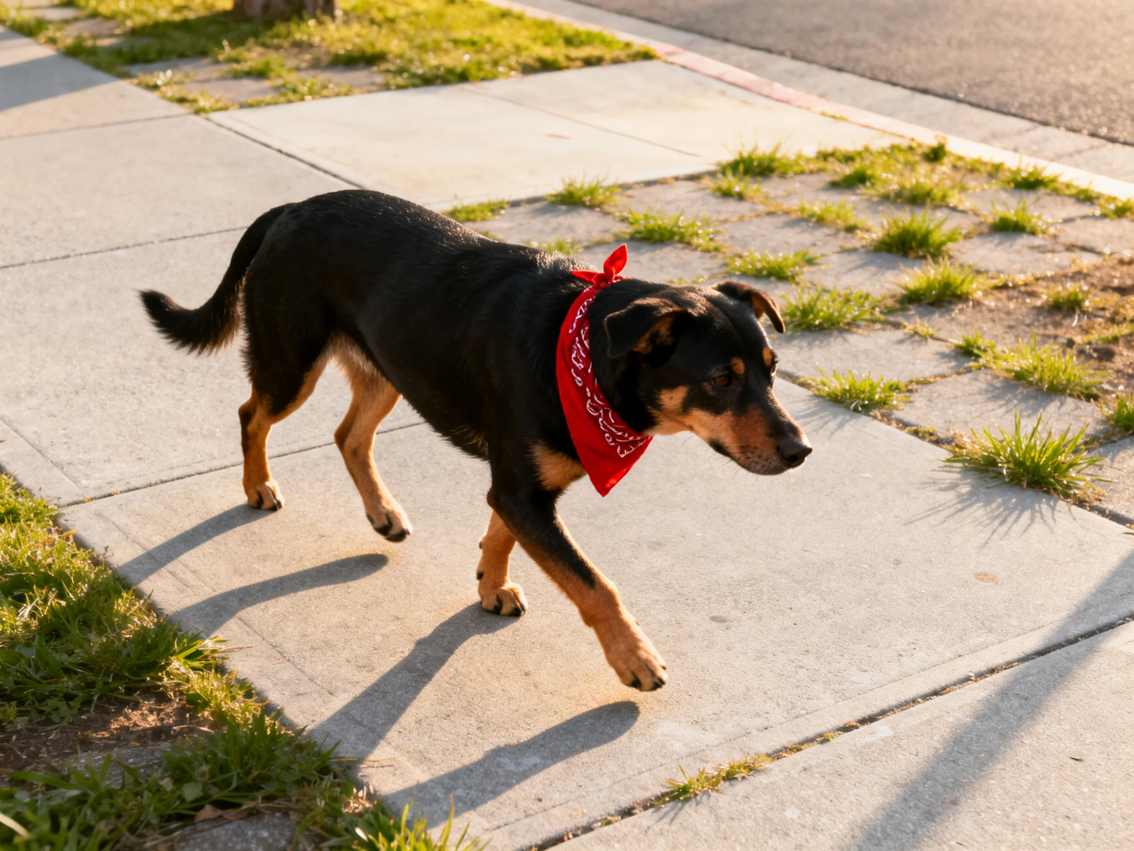A black and tan dog with a red bandana walks along a sunlit sidewalk