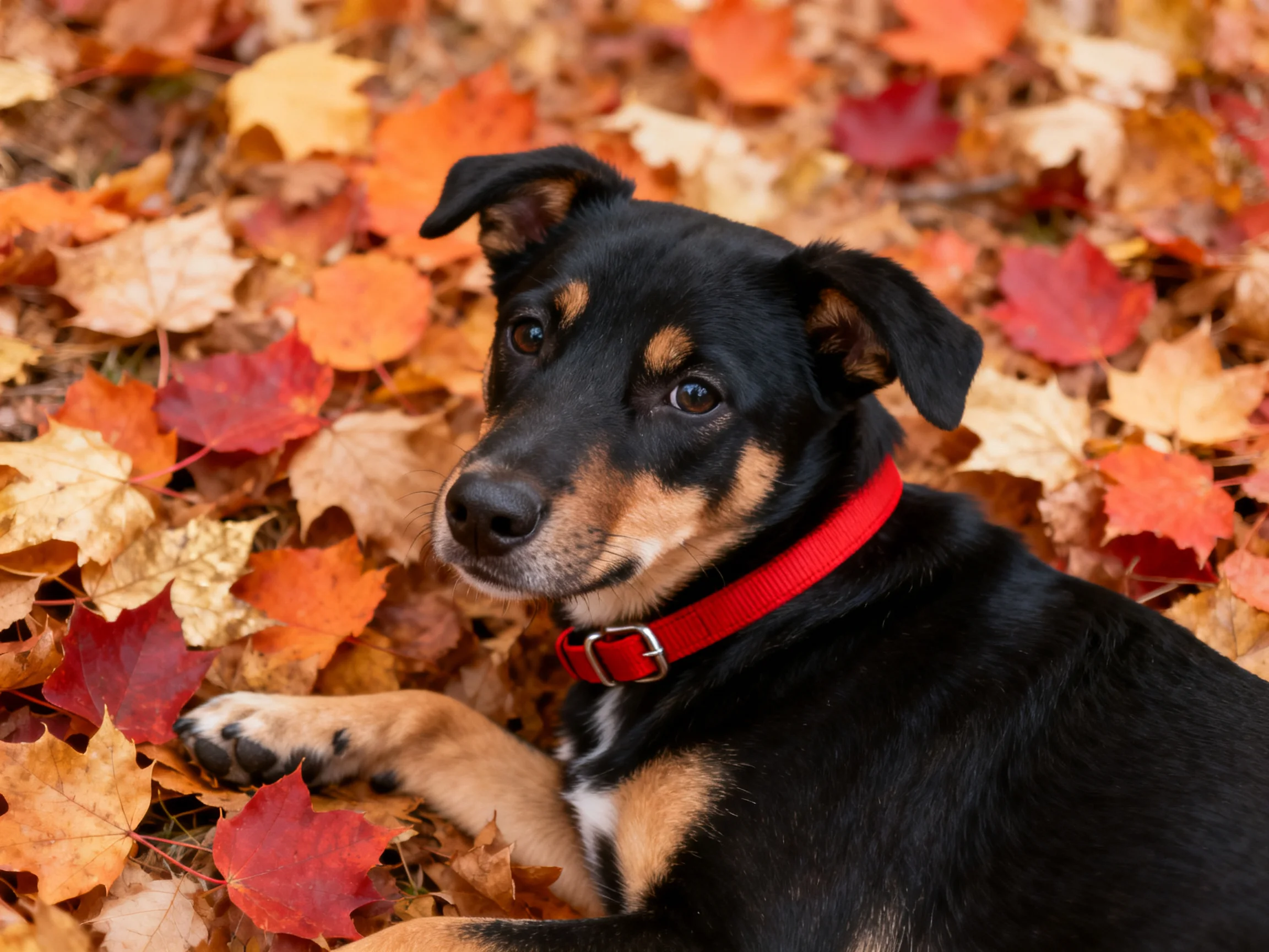 A black and tan dog with a red collar lies among colorful autumn leaves