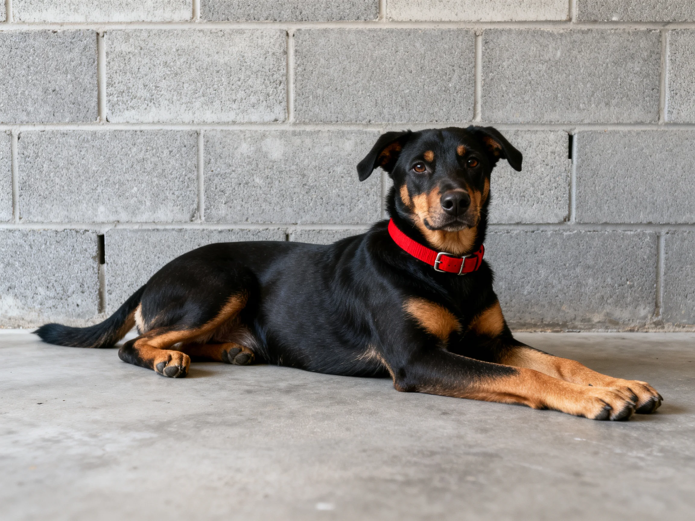 A black and tan dog with a red collar rests near a gray concrete wall.