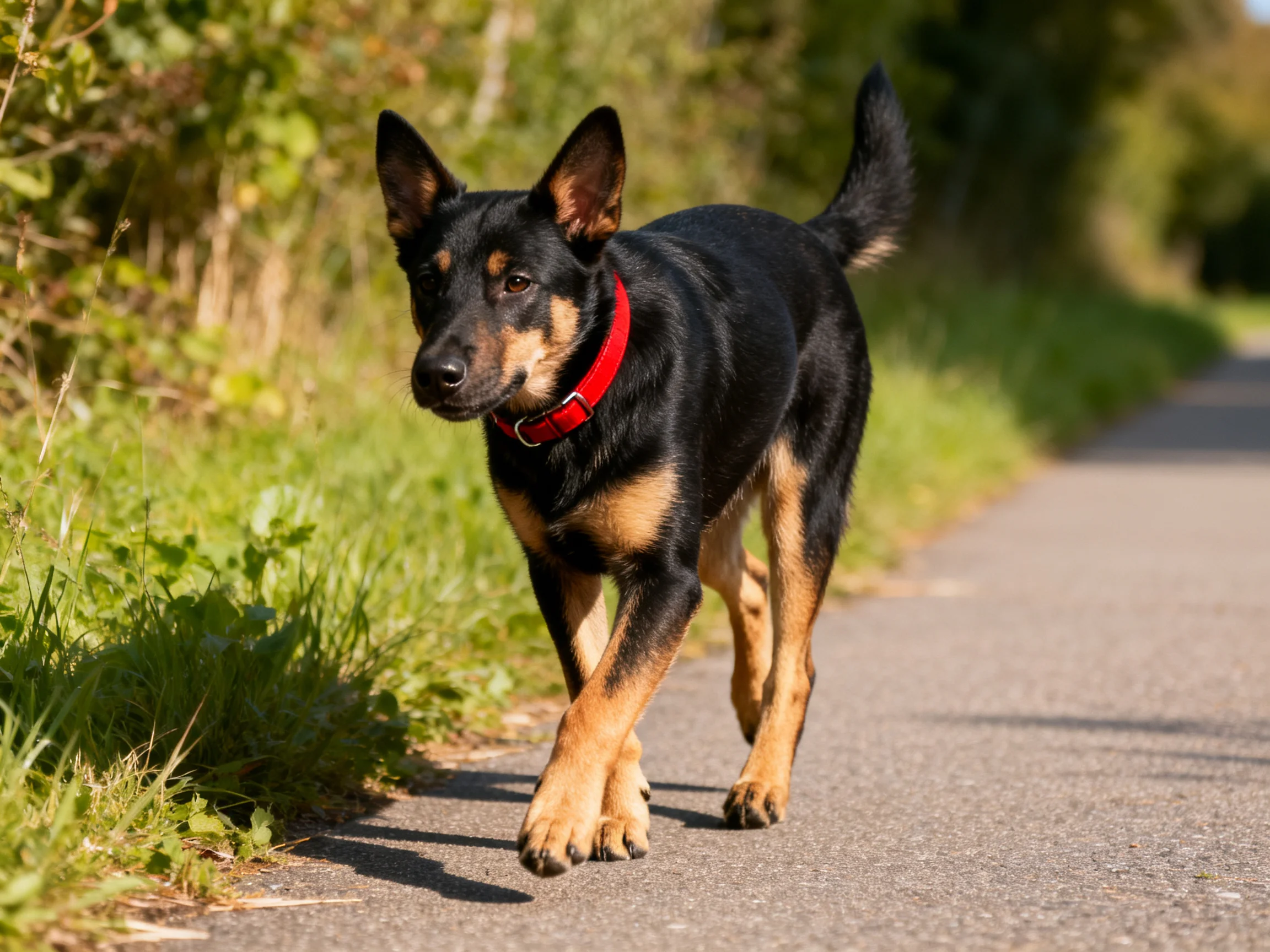 A black and tan dog with a red collar walks along a sunlit path