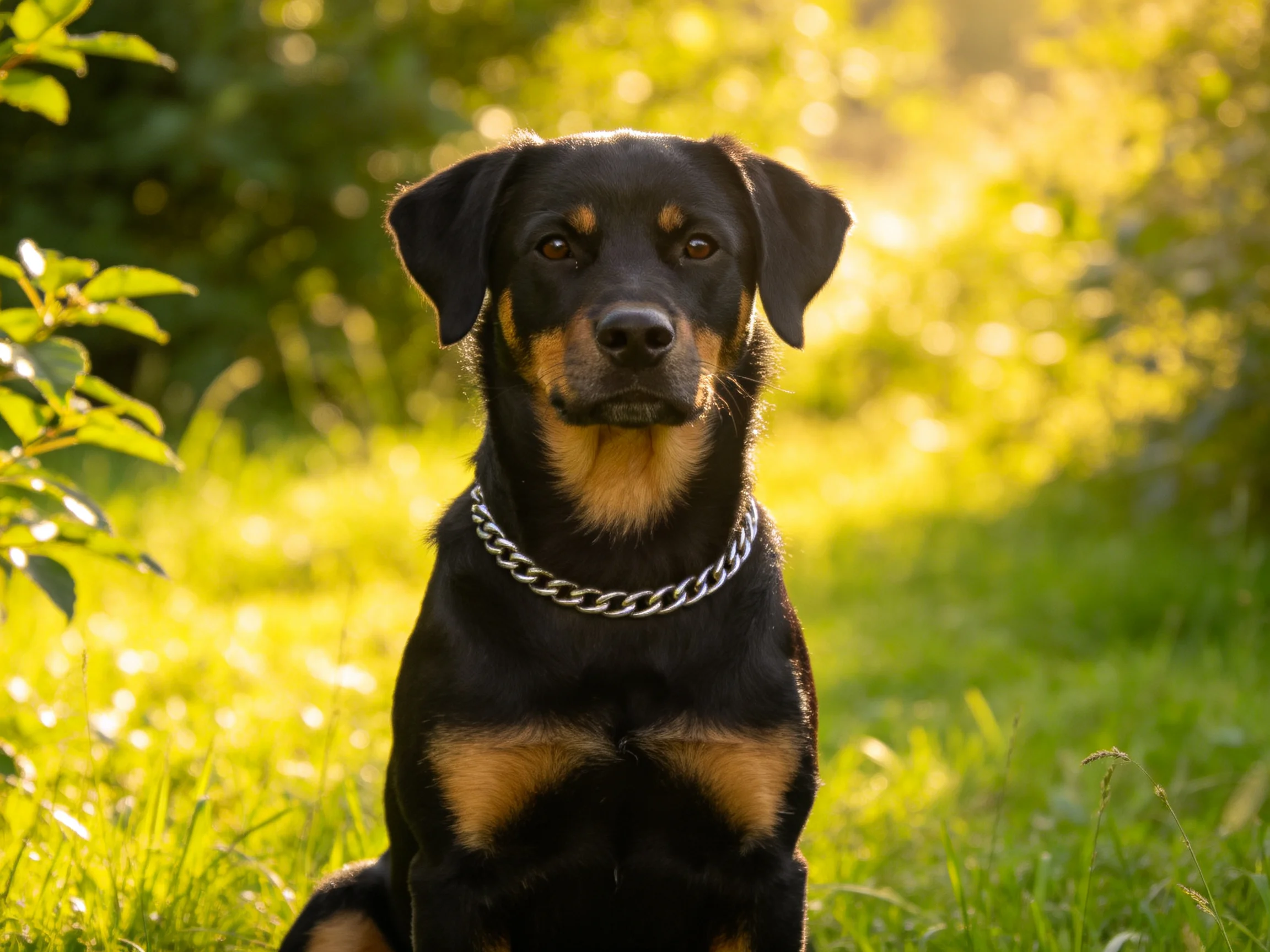 A black and tan dog with a silver chain collar sits in a sunlit meadow