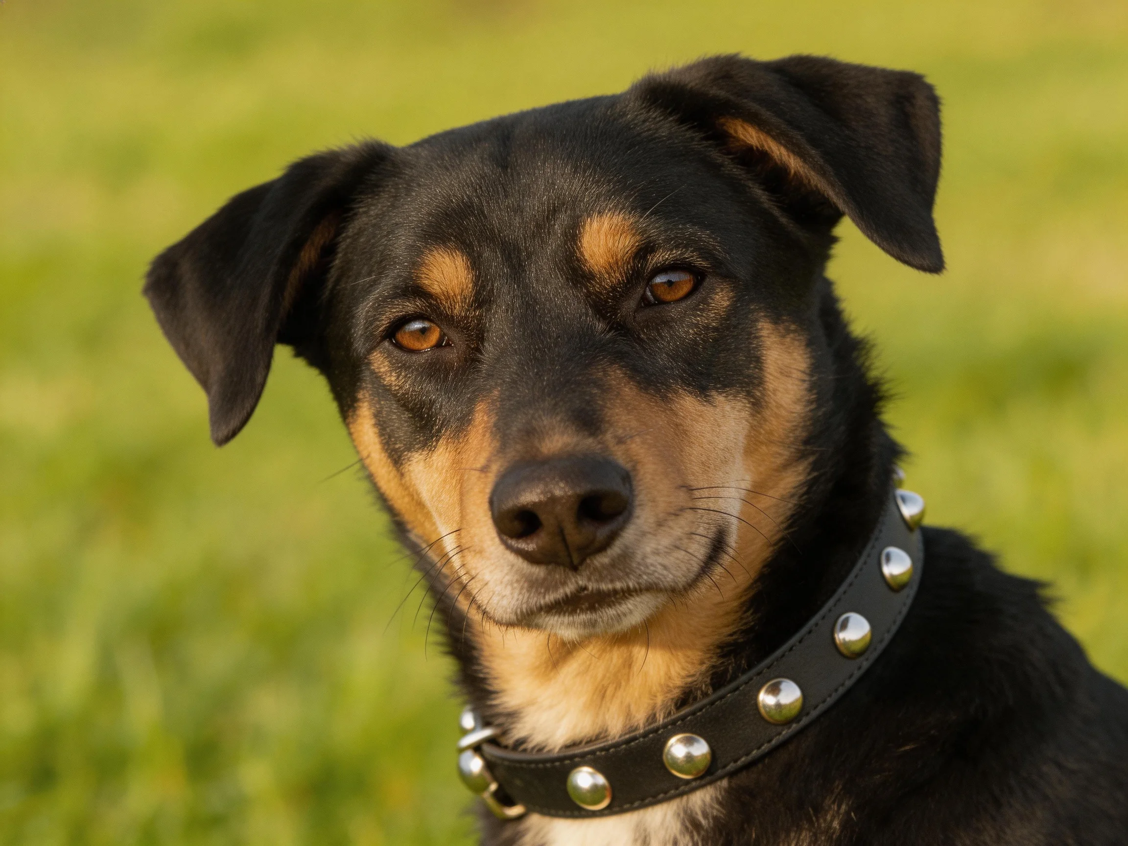 A black and tan dog with a studded collar is in a grassy area.