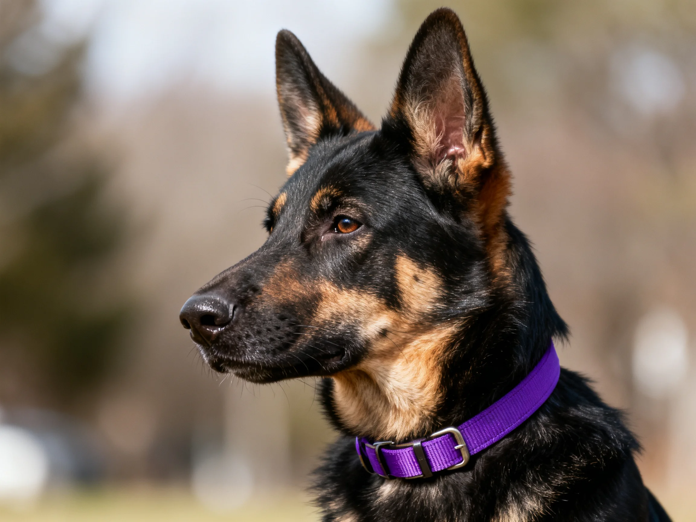 A black and tan dog with a purple collar looks attentively outdoors.