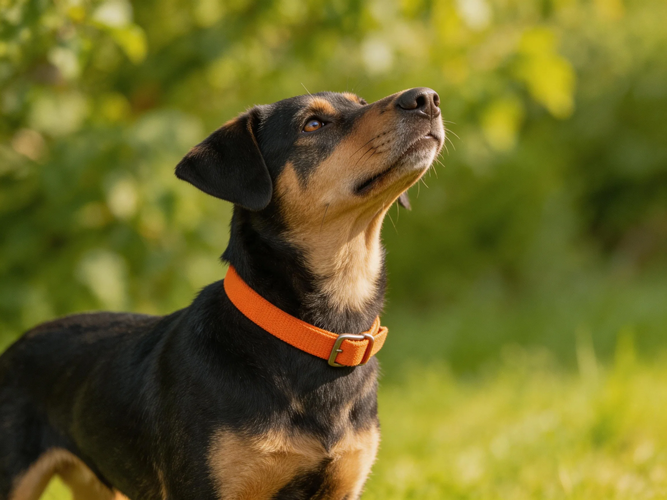 A black and tan dog with an orange collar stands alertly among greenery.