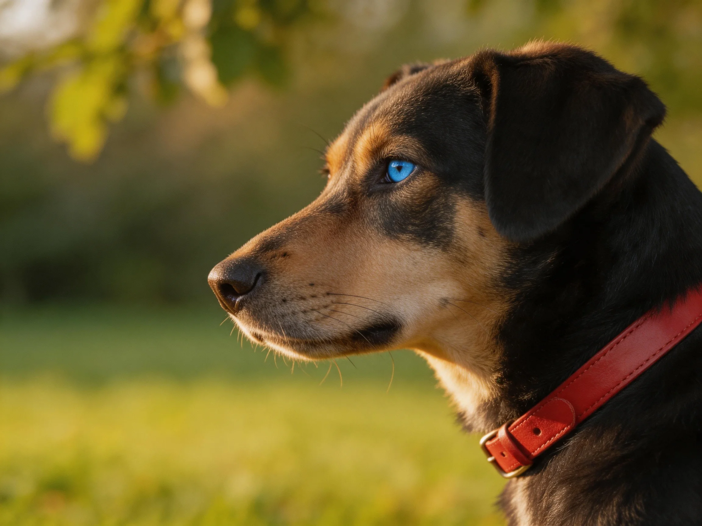 A black and tan dog with blue eyes is outdoors in a sunny area.