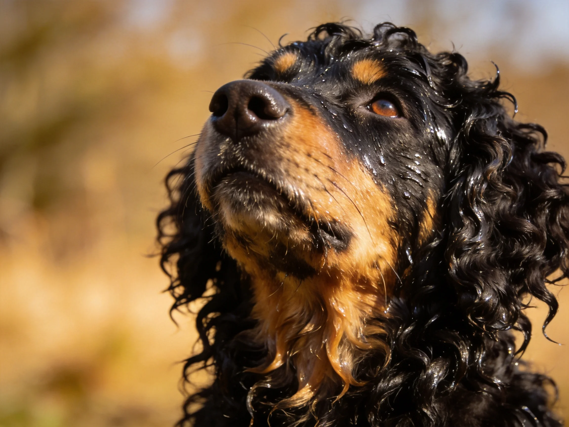 A black and tan dog with curly fur looks upward in a sunlit outdoor area.