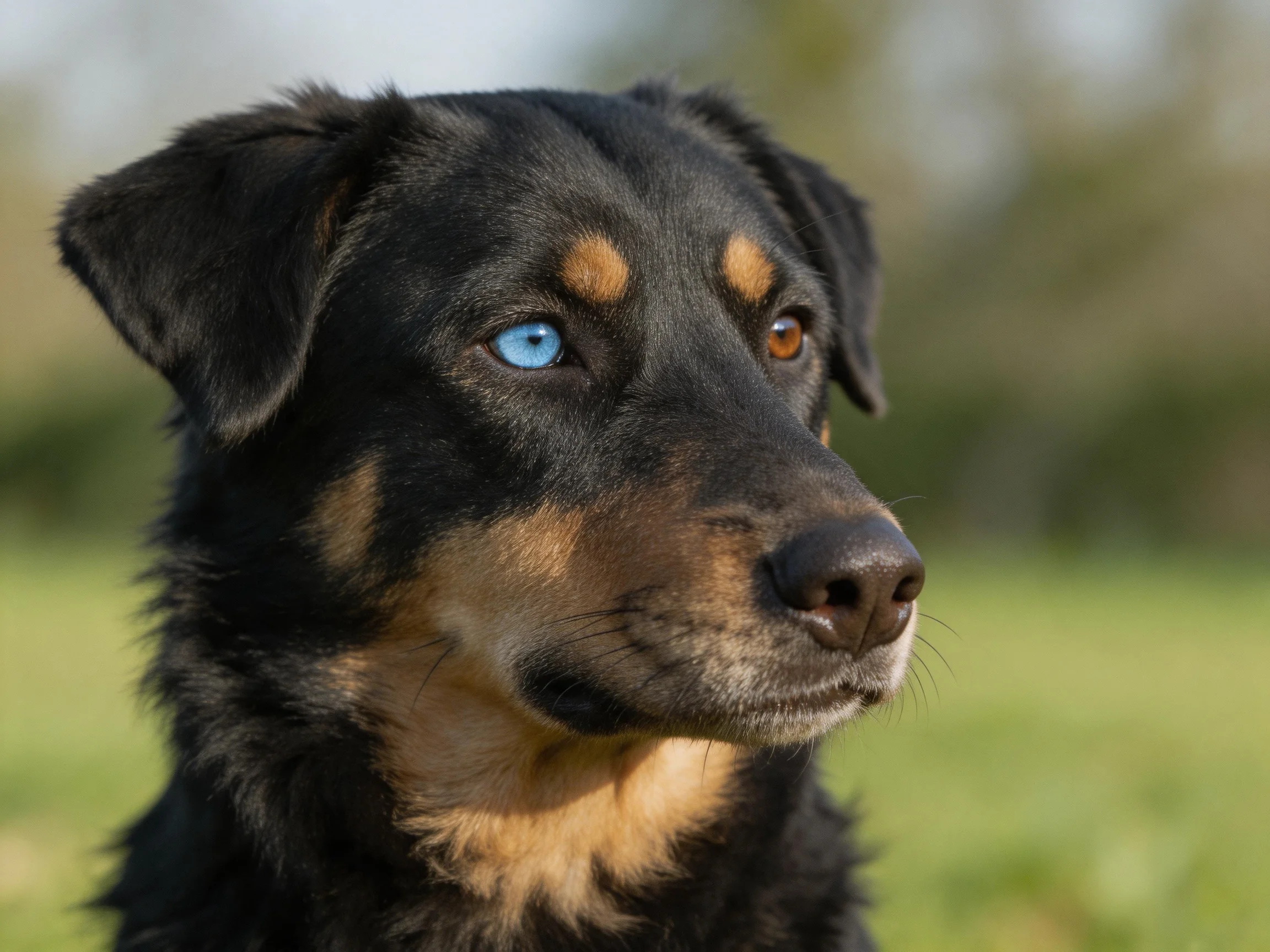 A dog with two differently colored eyes looks attentively in an outdoor area.