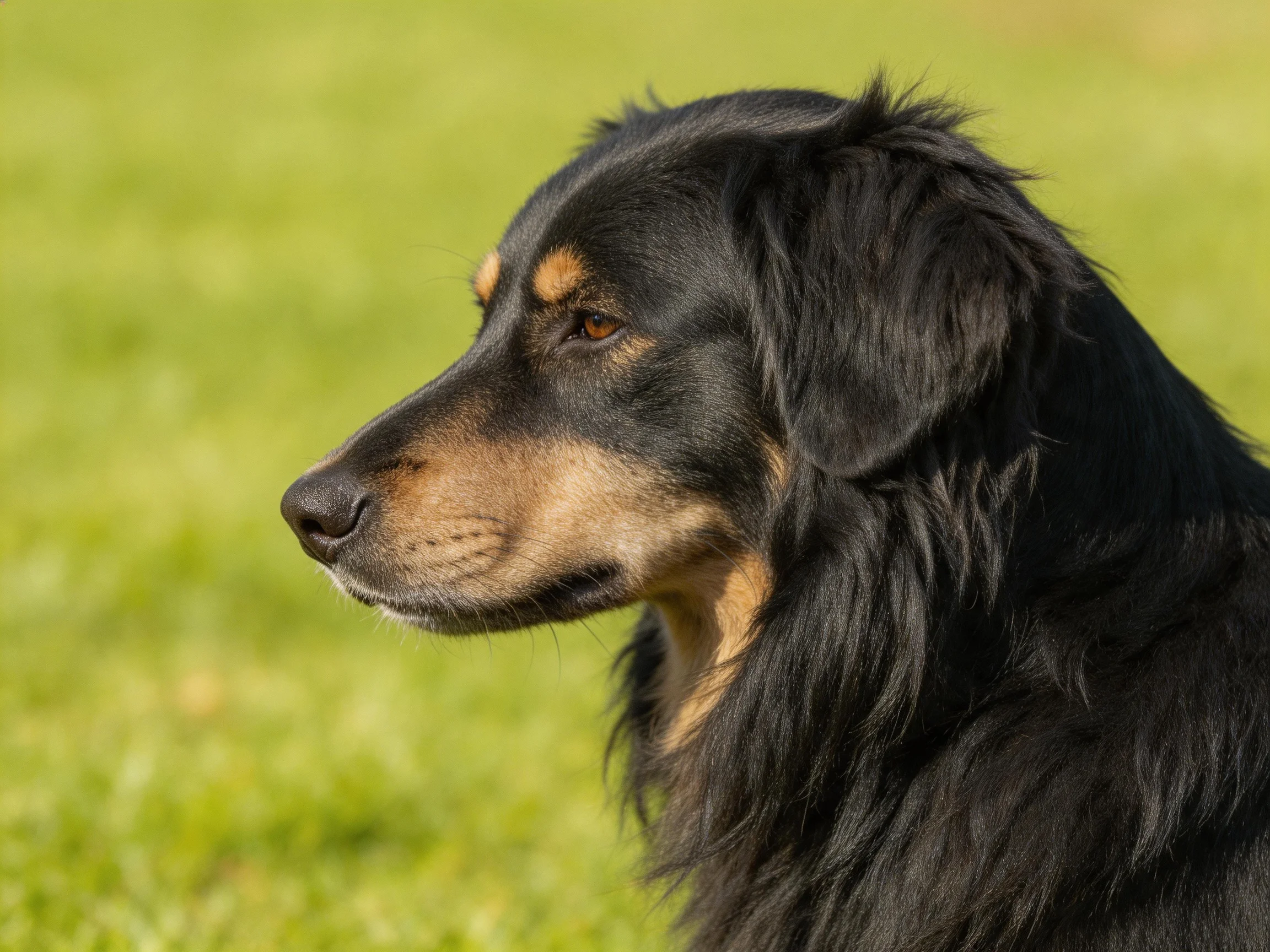 A black and tan dog gazes into the distance on a green field