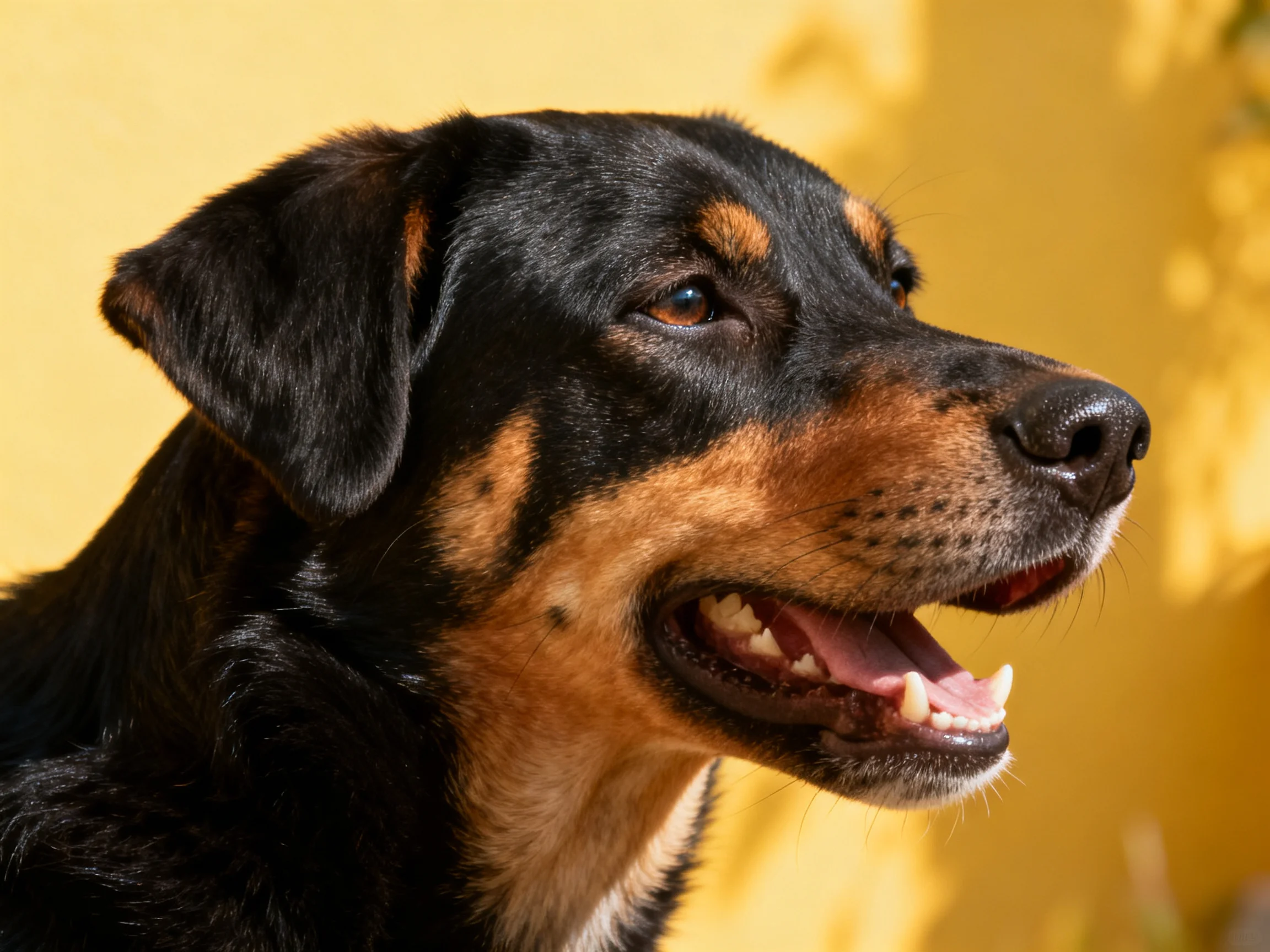 A black and tan dog with open mouth against bright yellow wall