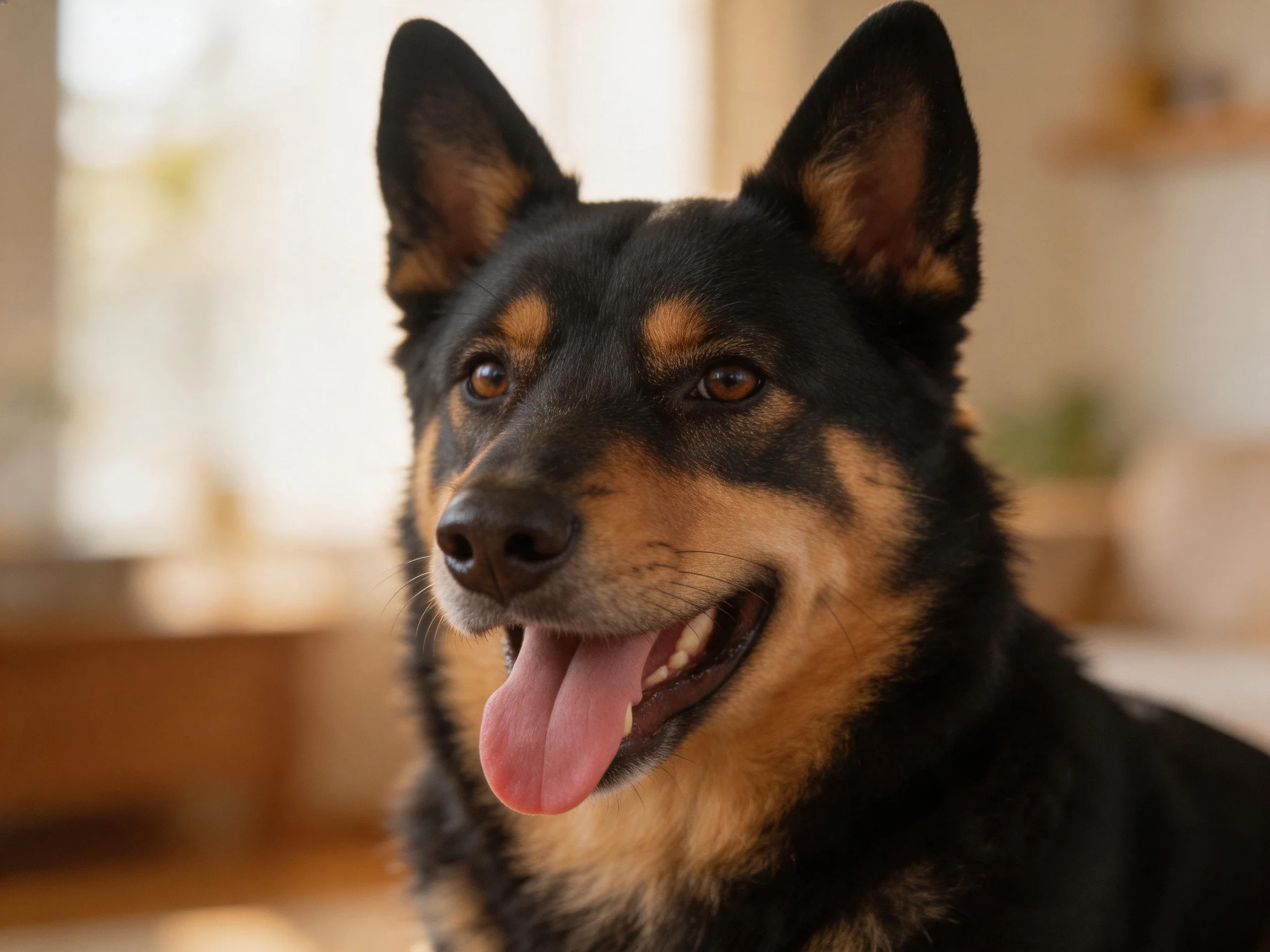 A black and tan dog with upright ears in a cozy indoor space