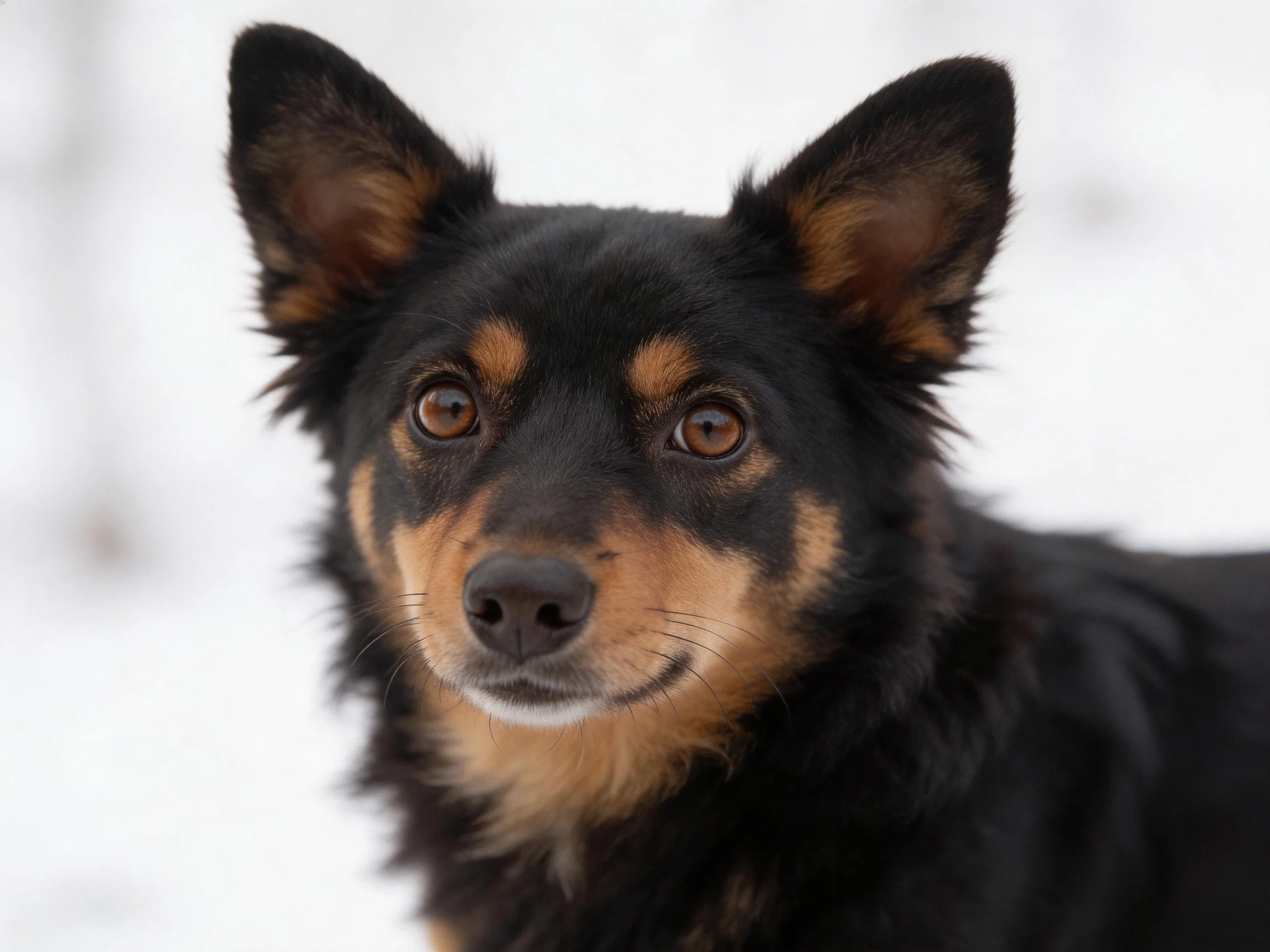 A close - up of a black and tan dog with upright ears in a snowy setting.