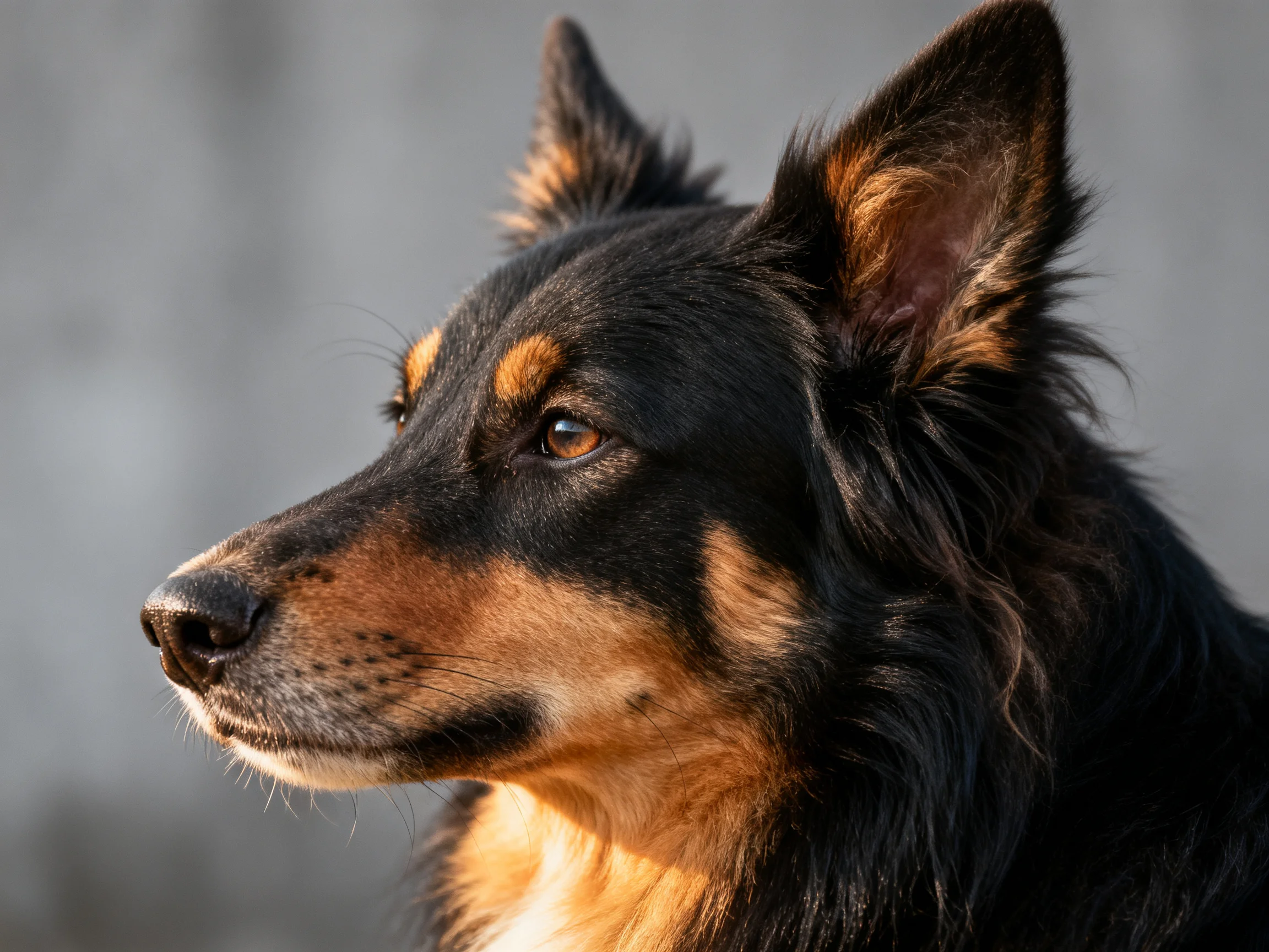 A black and tan dog with upright ears on a blurred gray background