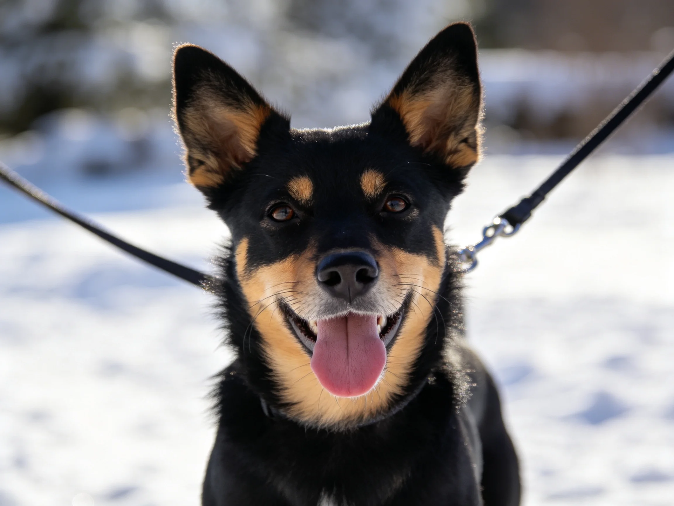A black and tan dog with upright ears on snowy ground near leashes