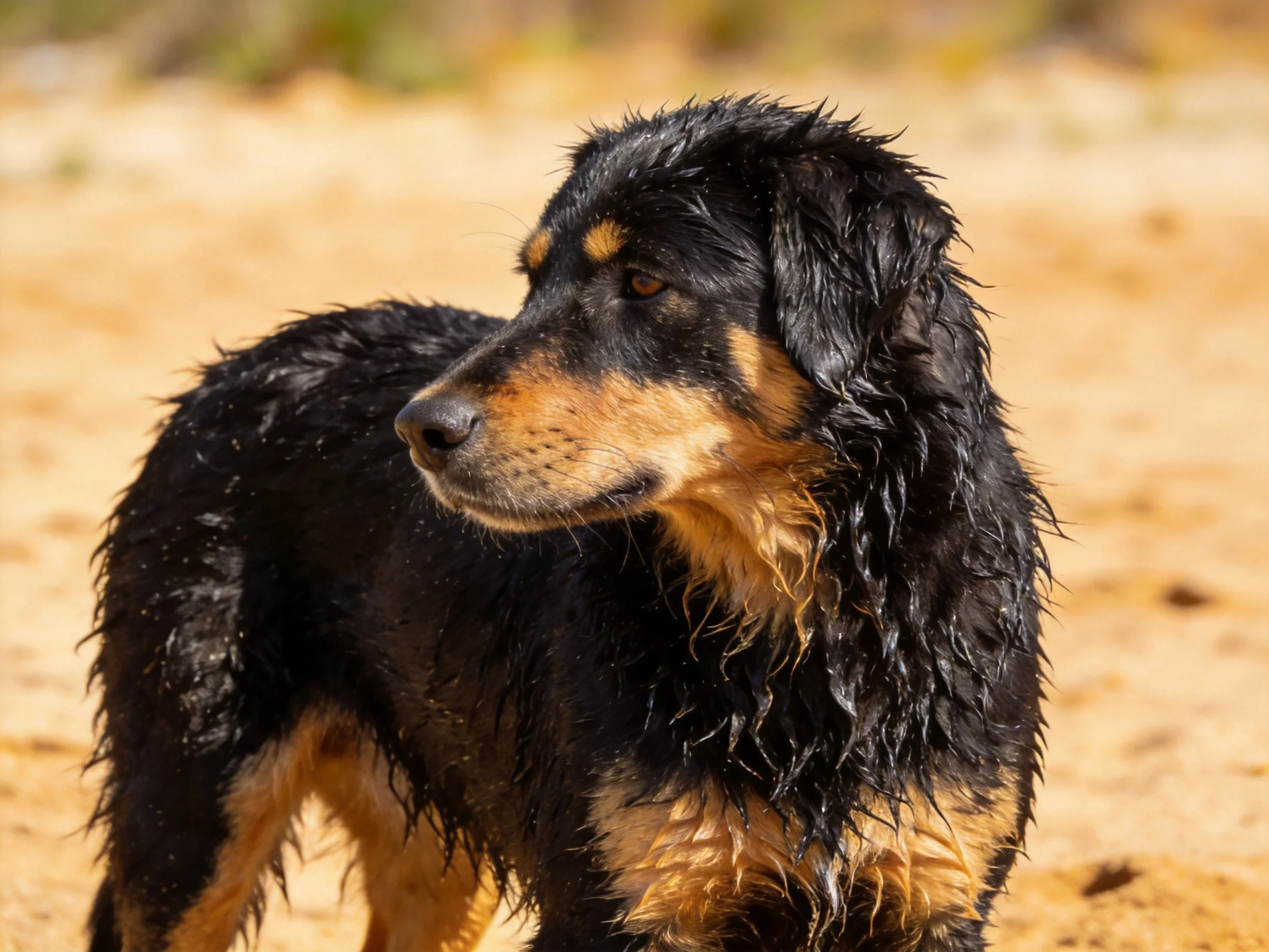 A black and tan dog with wet fur stands on sandy terrain.