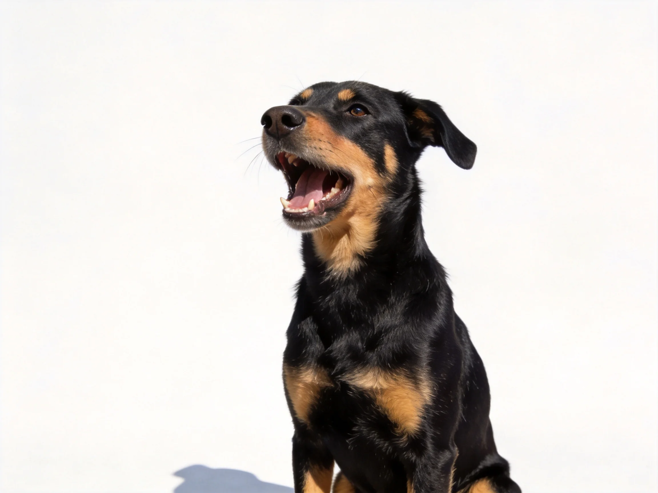 A black and tan dog yawning with mouth open on white surface