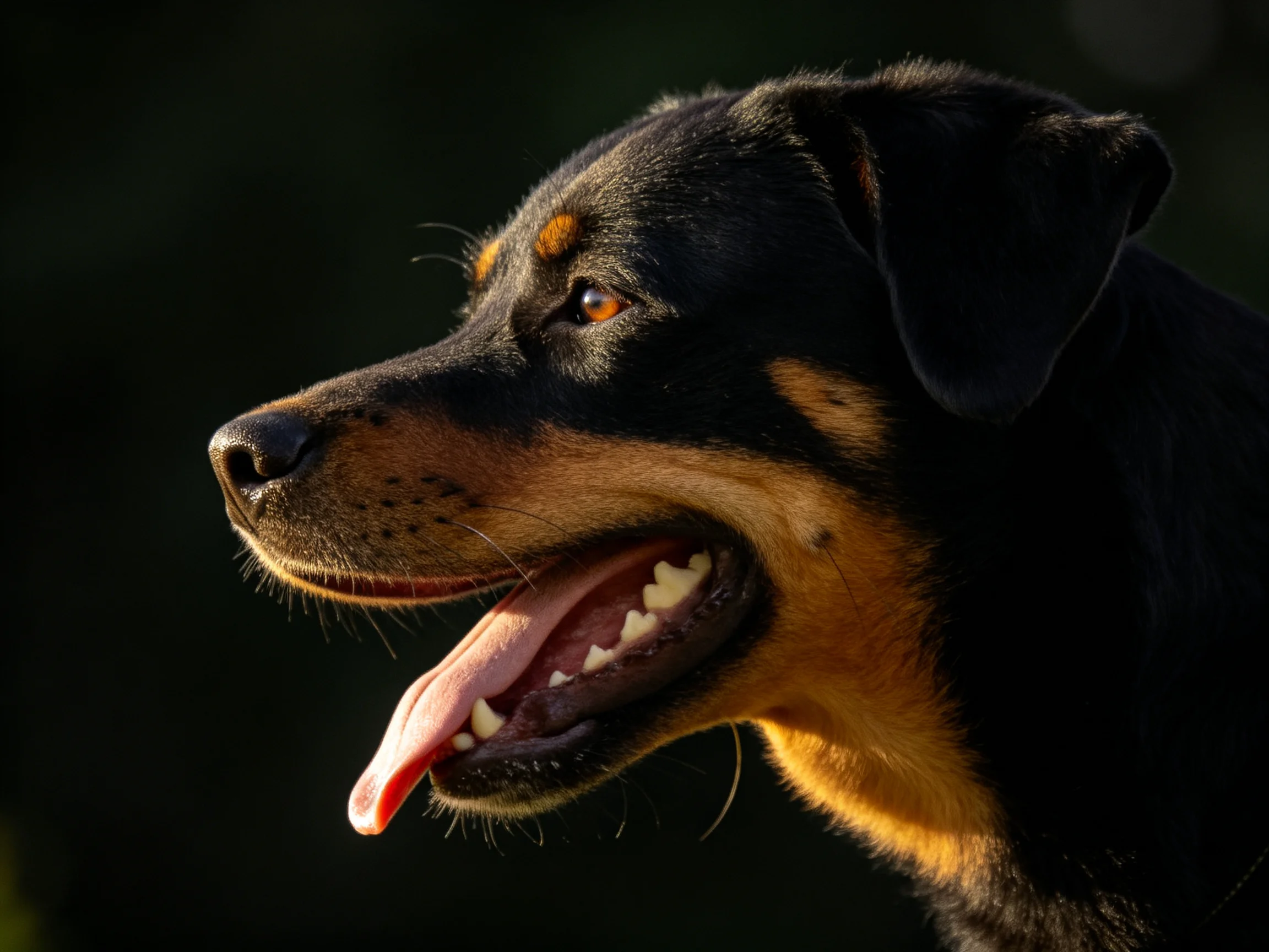 A black and tan dog’s profile with open mouth and distinct markings