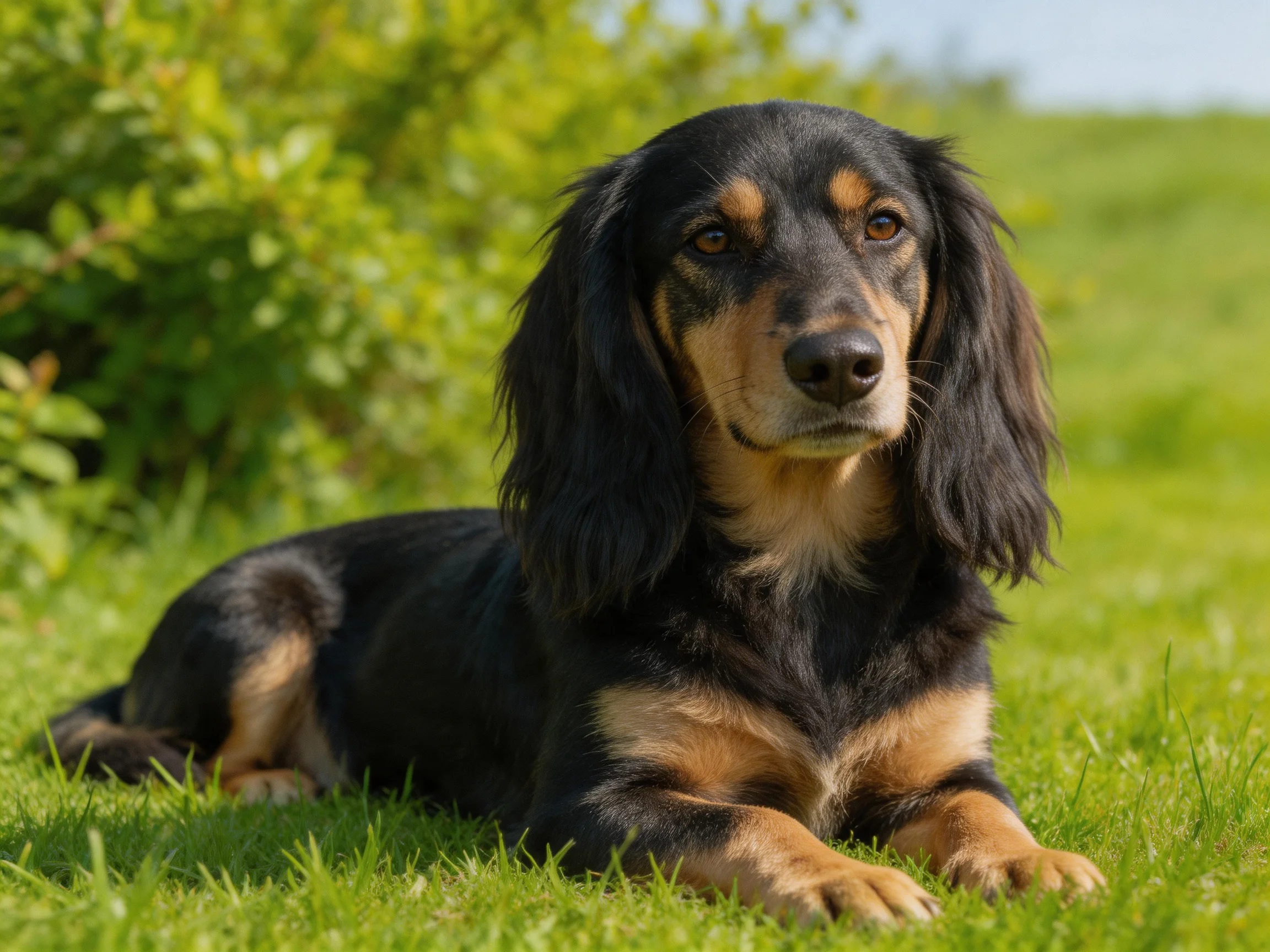 A black and tan long-eared dog rests on vibrant green grass