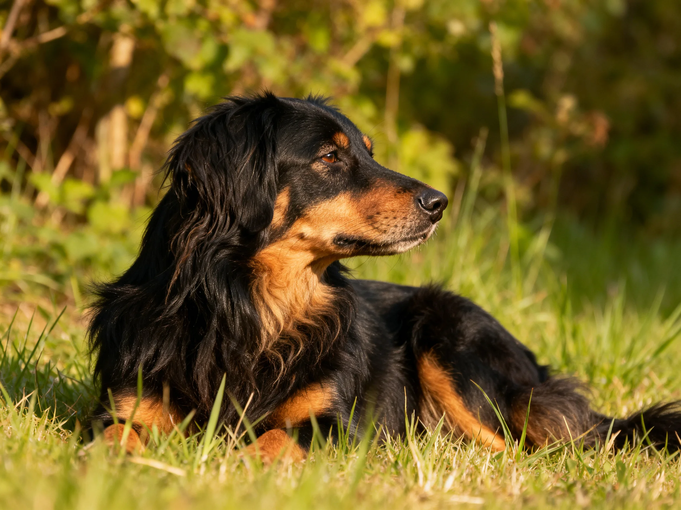 A black and tan long-haired dog rests on lush green grass