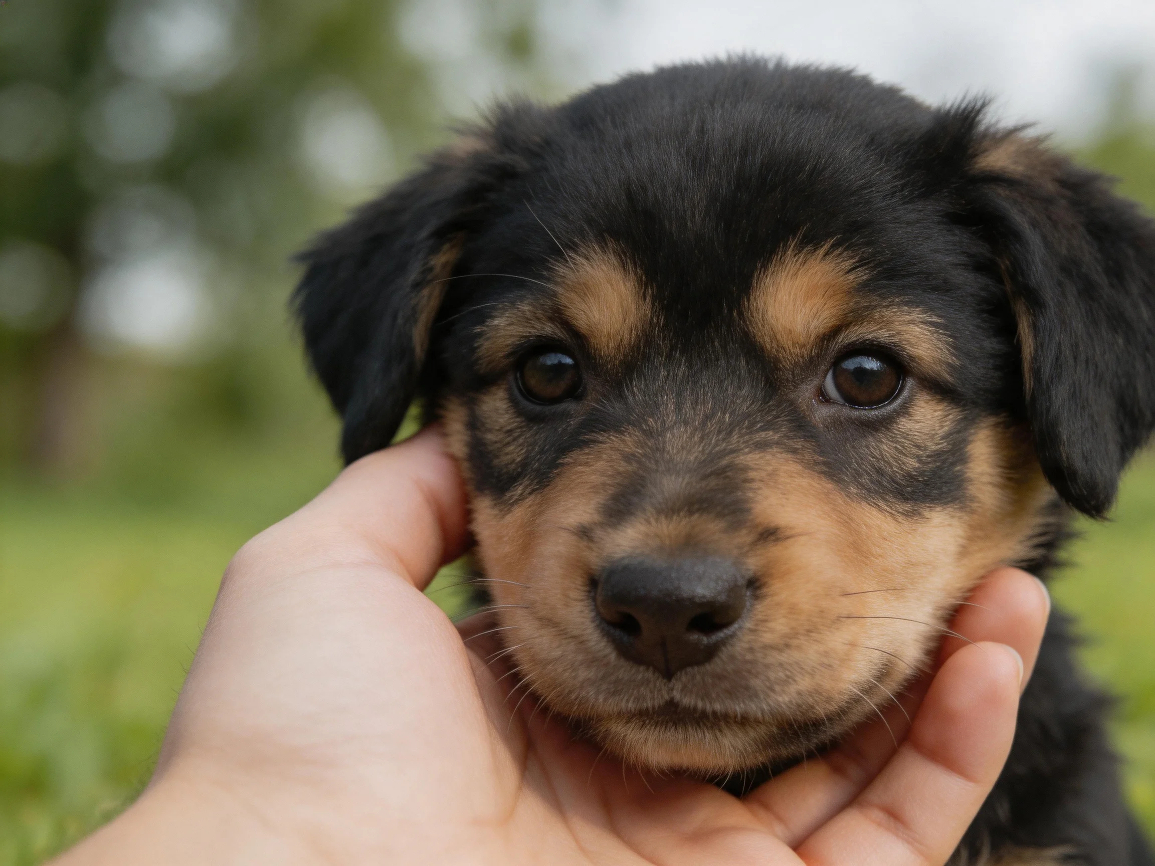 A black and tan puppy is gently held by a hand in an outdoor environment.