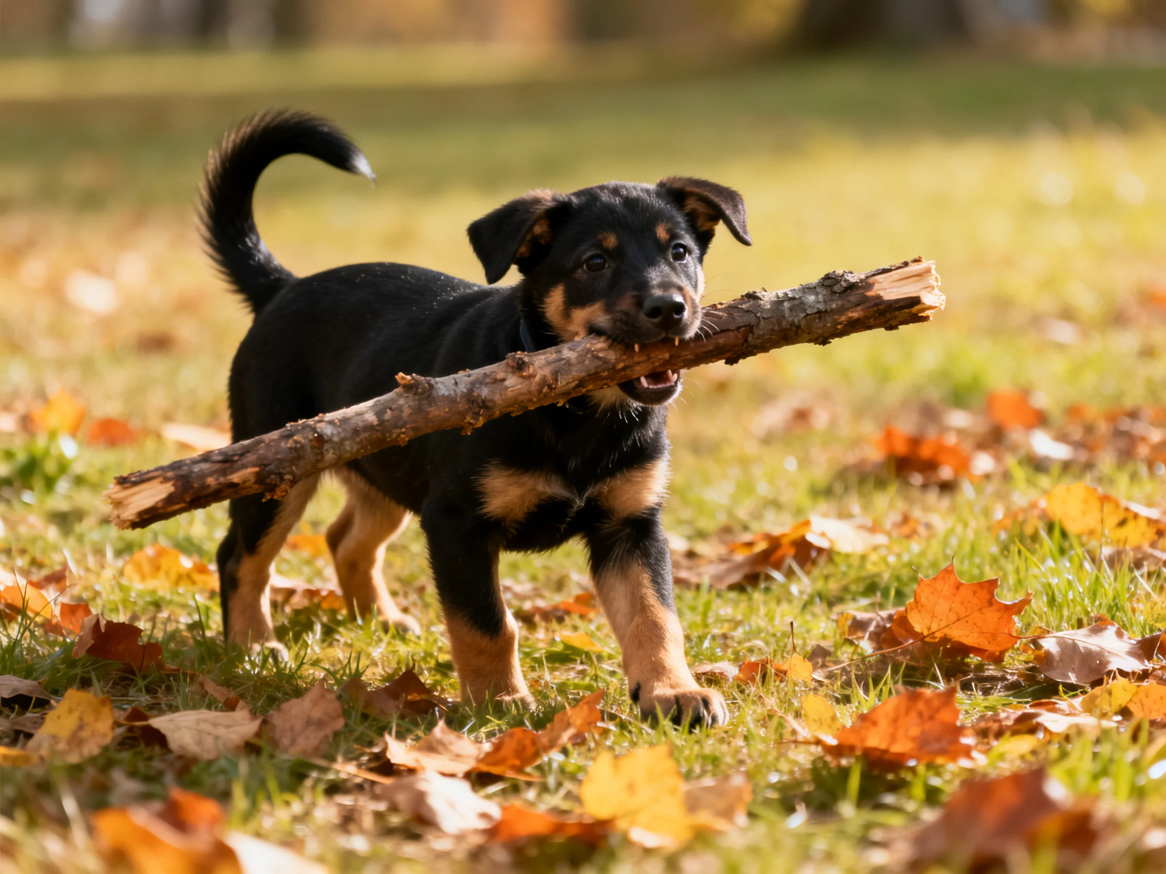 A black and tan puppy drags a thick branch through autumn leaves