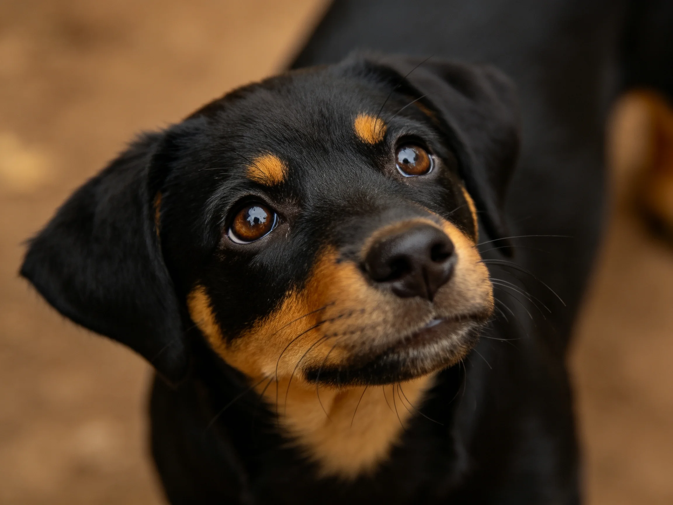 A black and tan puppy gazes upward with bright, curious eyes