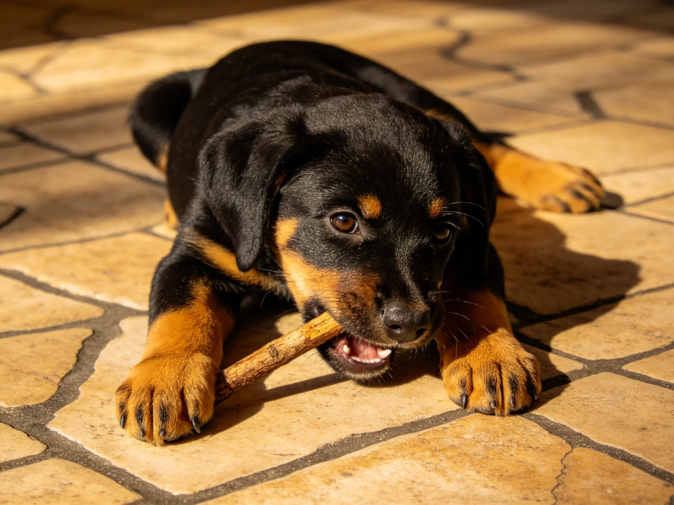 A black and tan puppy chews a stick while resting on a stone-tiled surface.