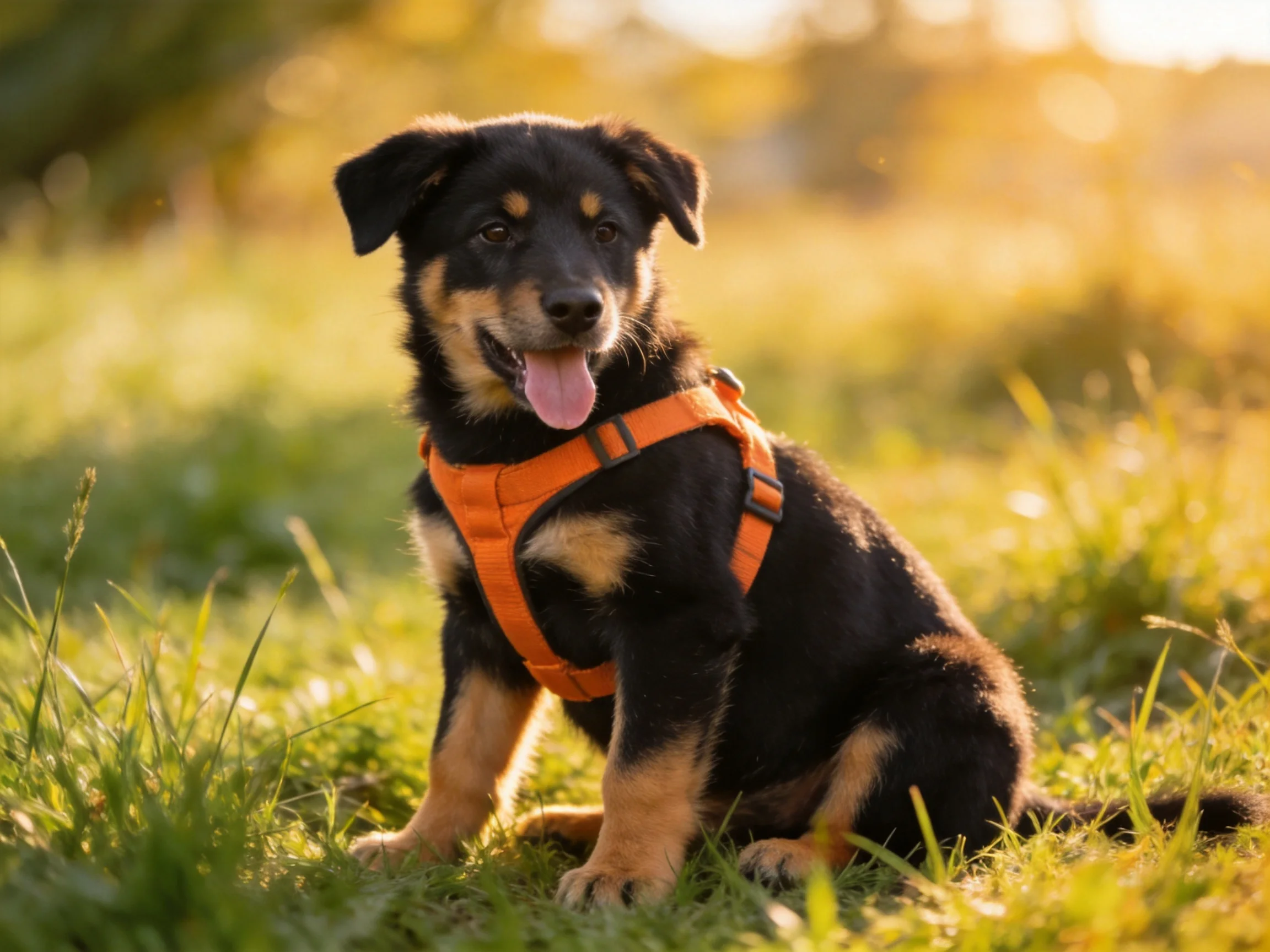 A black and tan puppy in an orange harness sits on grass