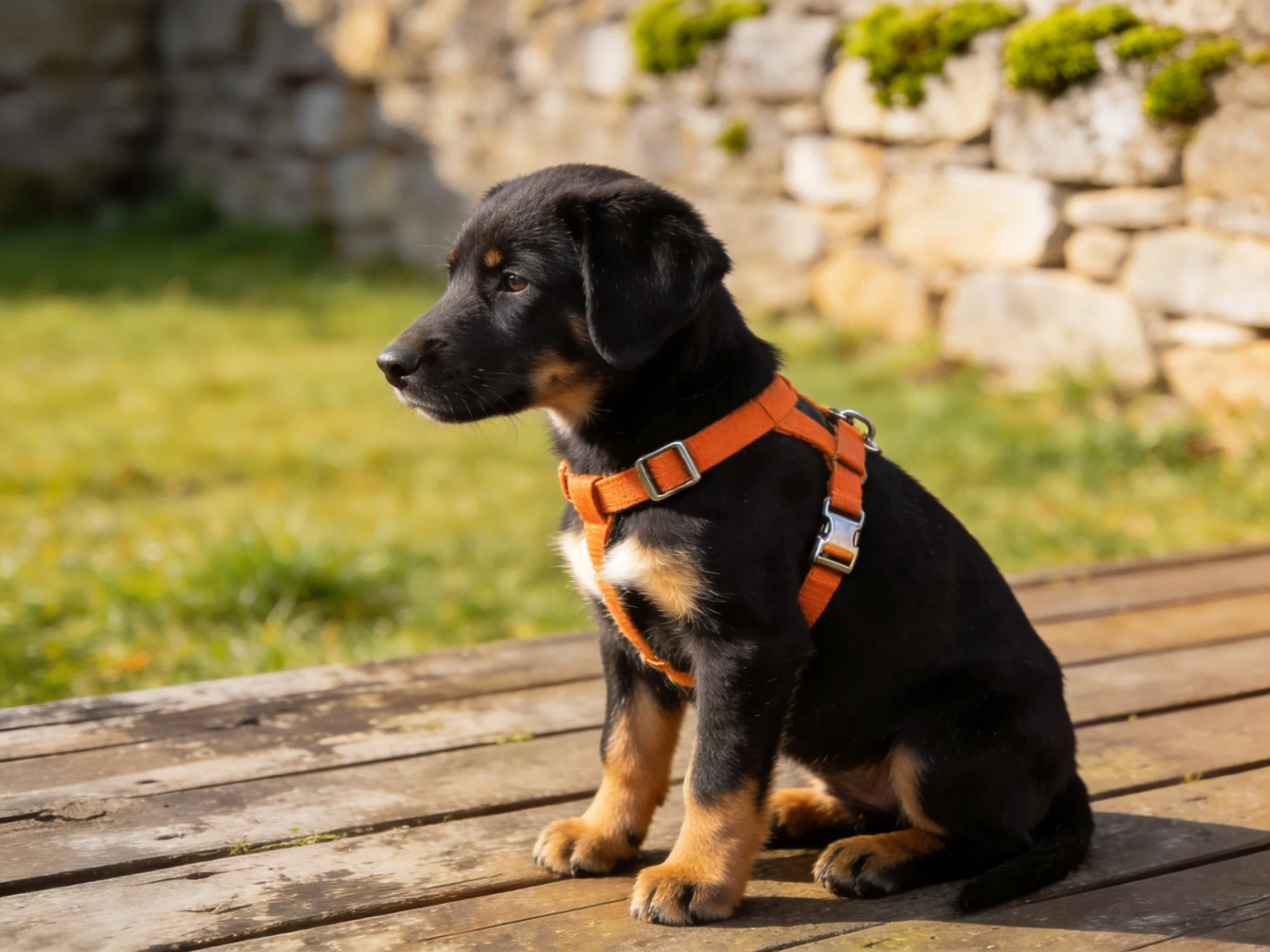 A black and tan puppy in an orange harness sits on wooden planks near a stone wall
