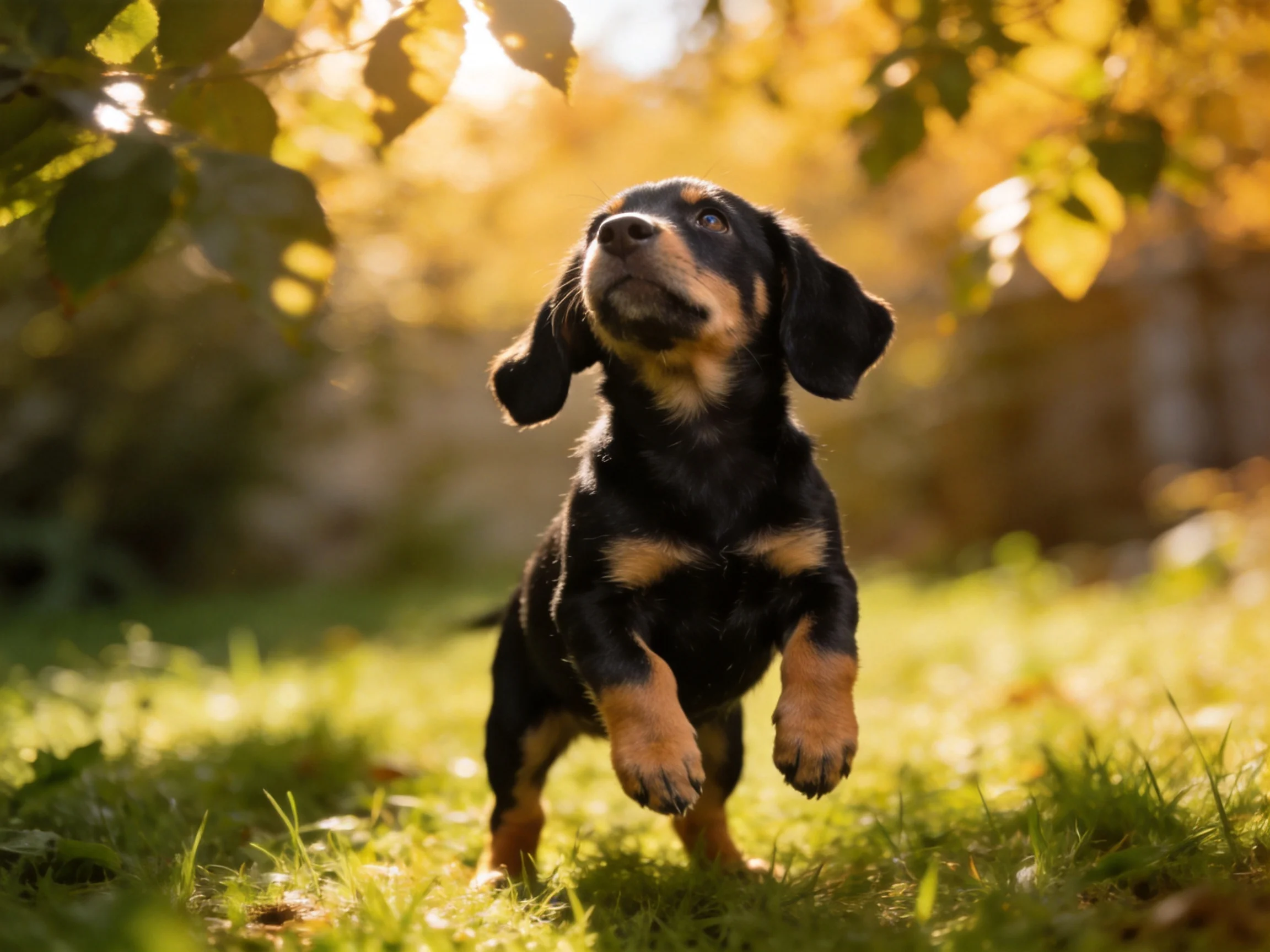 A black and tan puppy jumps in a sunlit grassy area with golden foliage
