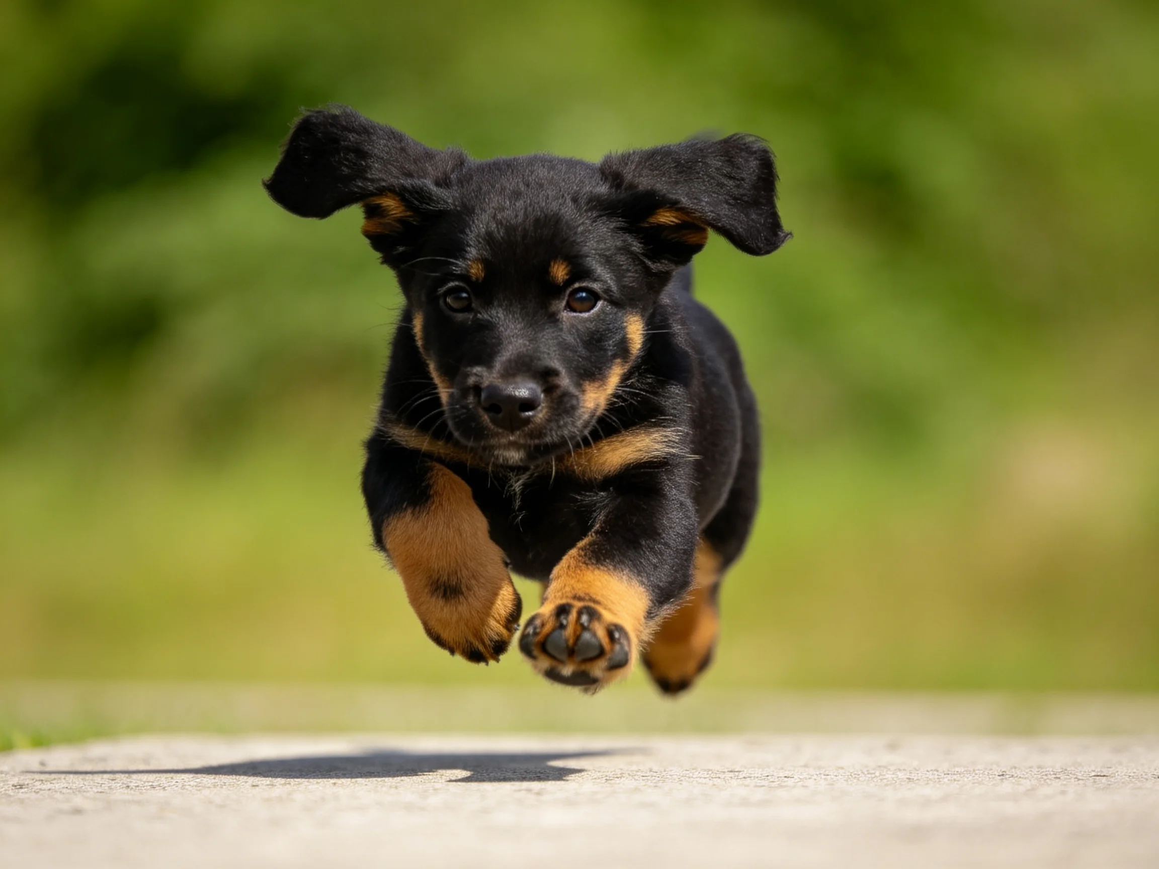 A black and tan puppy leaps forward mid-air