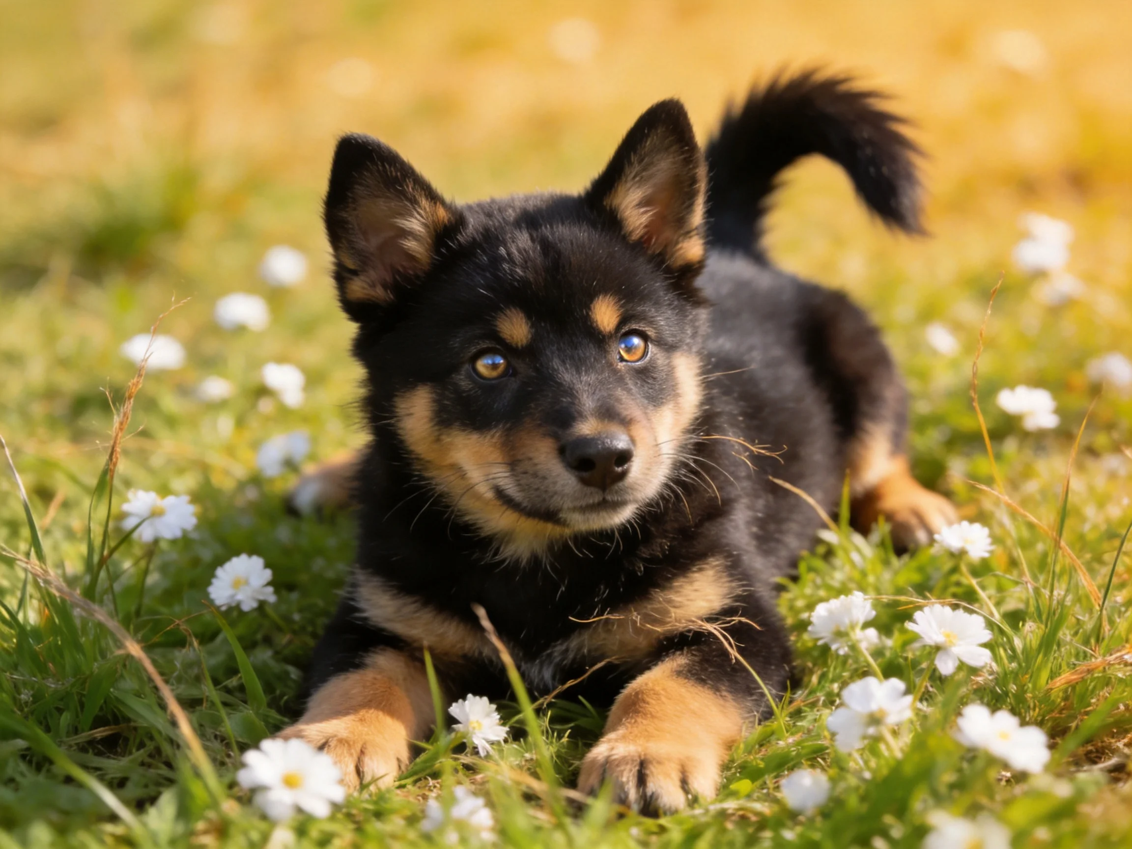 A black and tan puppy rests among white flowers in a grassy area.
