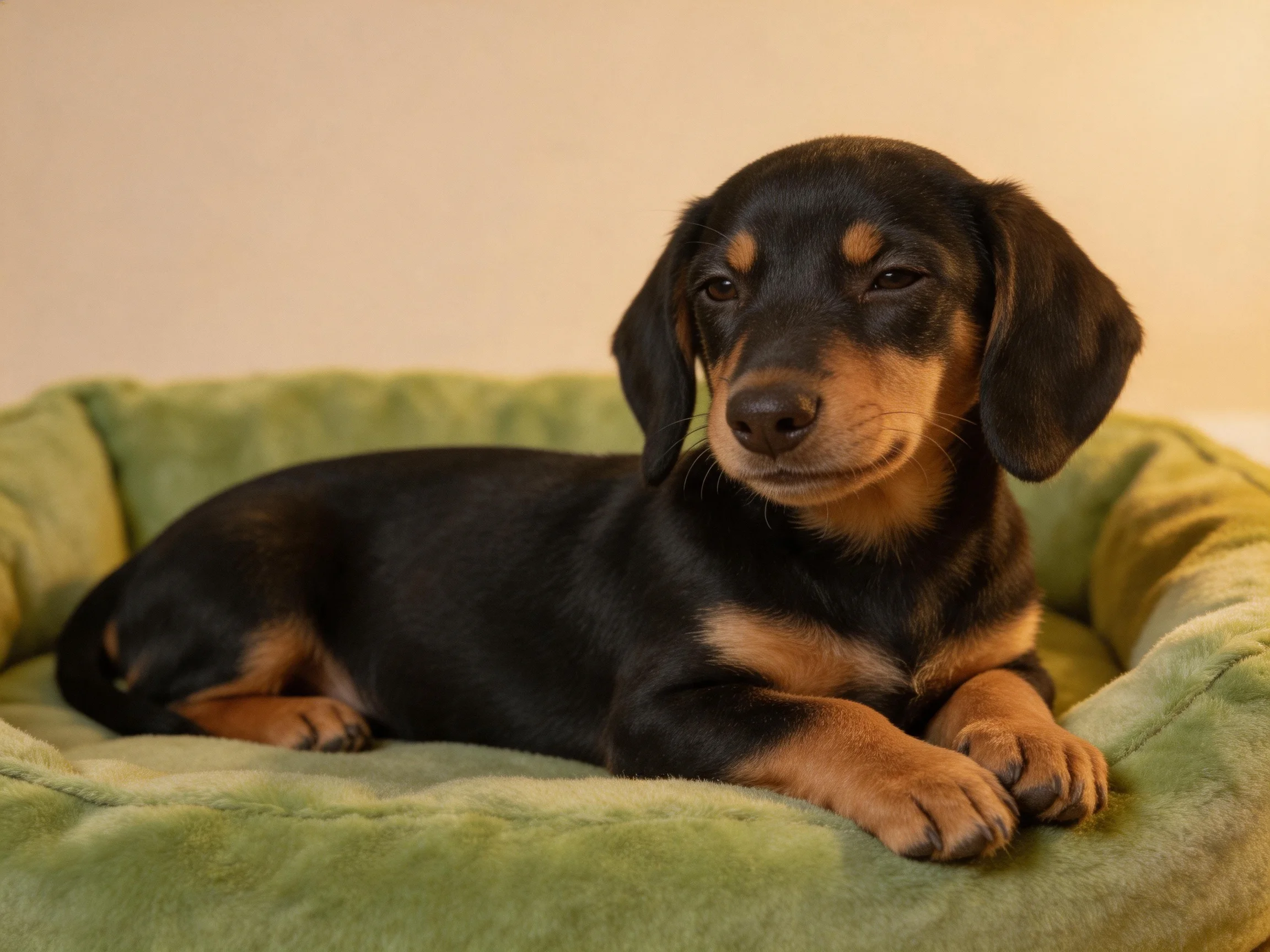 A black and tan puppy relaxes in a plush green bed