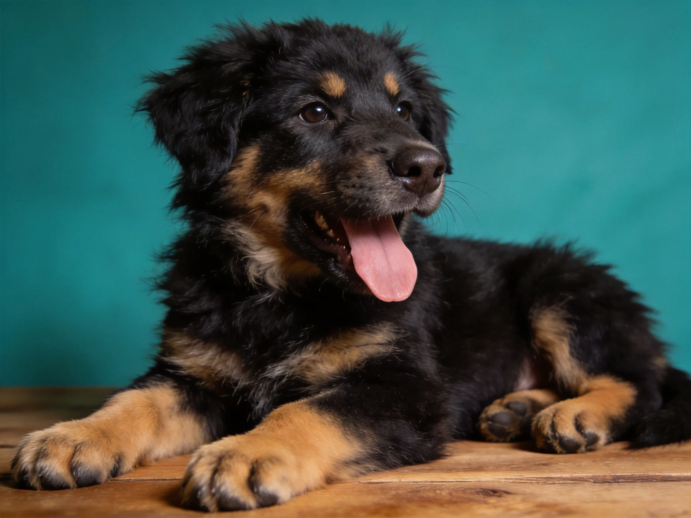 A black and tan puppy relaxes on a wooden surface with a teal background
