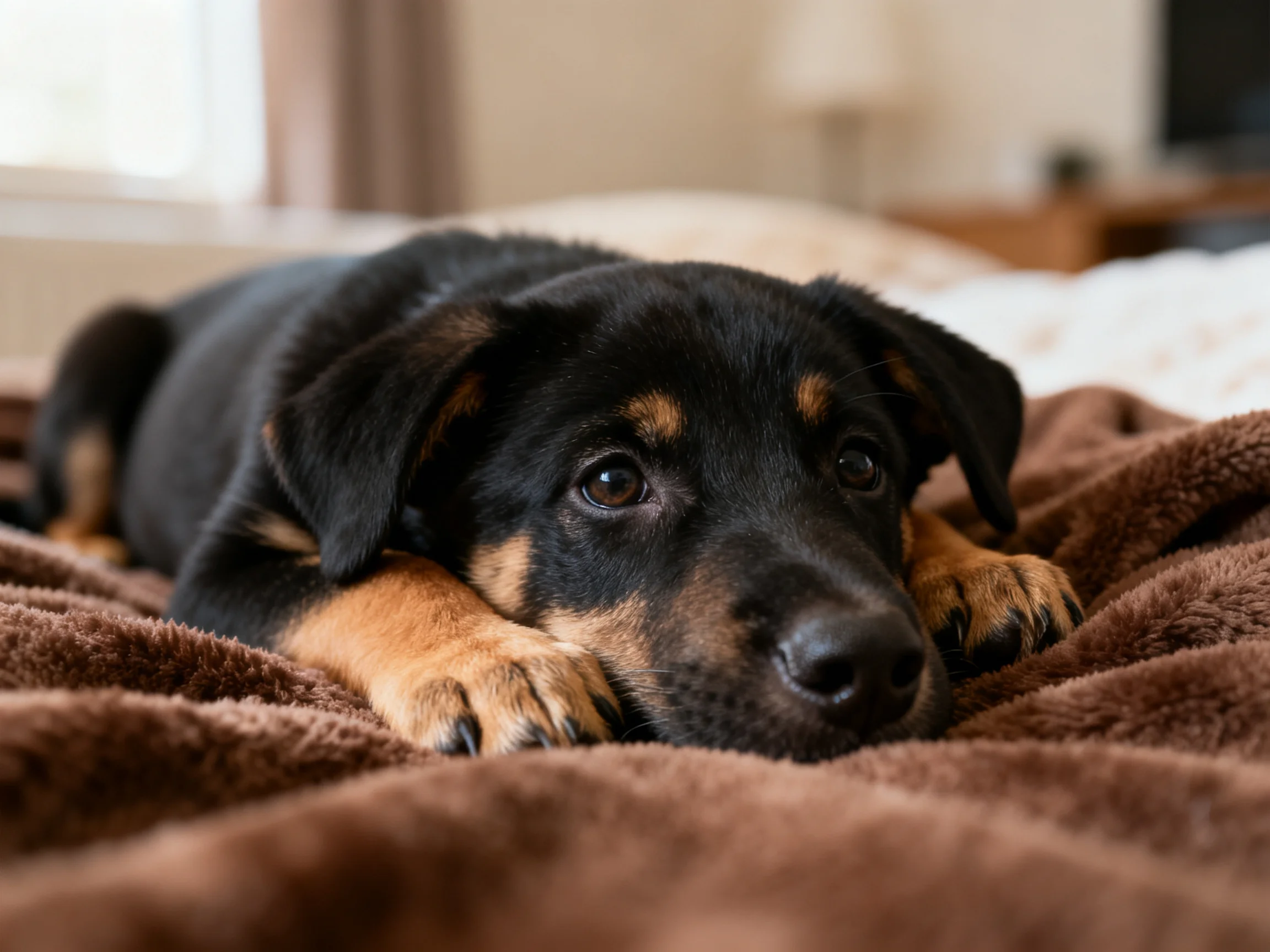 A black and tan puppy relaxes on a brown blanket in an indoor space.